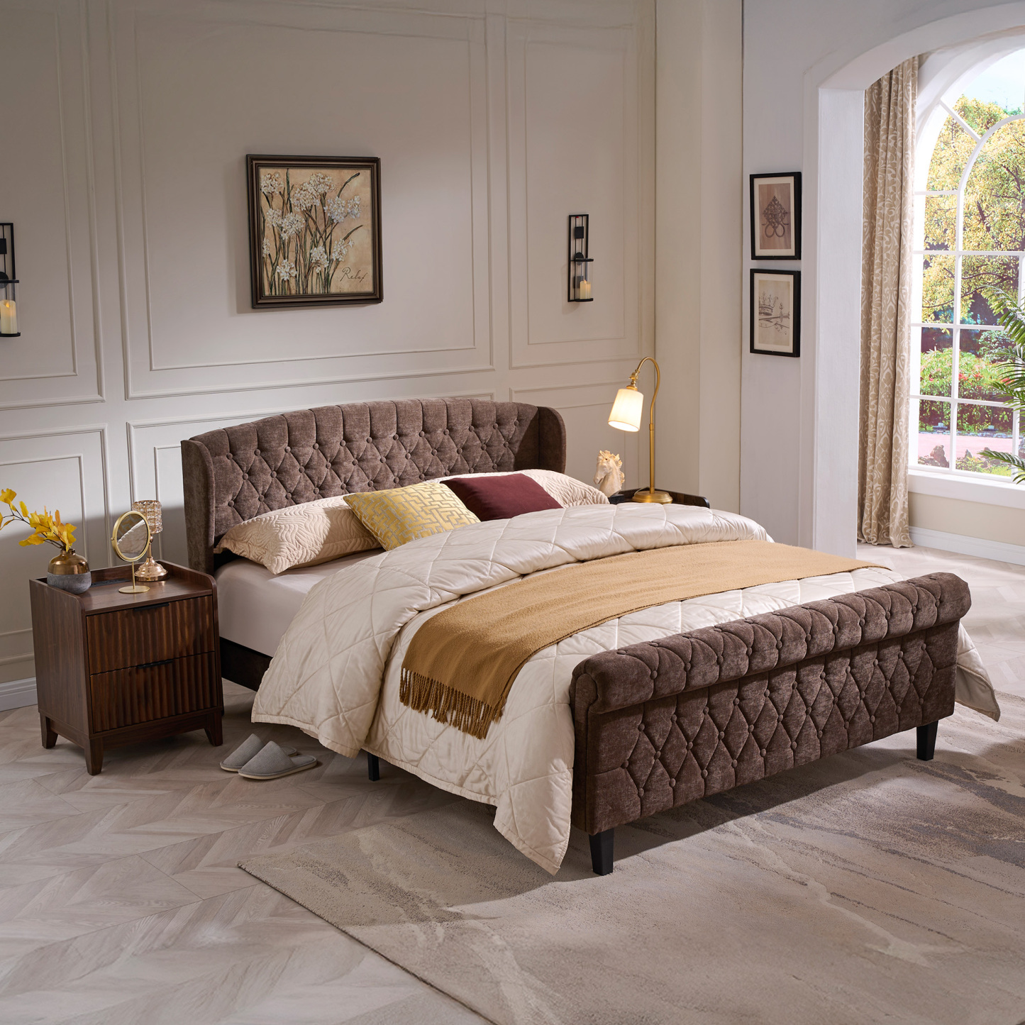Susalt Queen Size Platform Bed Frame, Chenille Upholstered Sleigh Bed Frame with Scroll Footboard, Button Tufted/Wood Slats Support/No Box Spring Needed