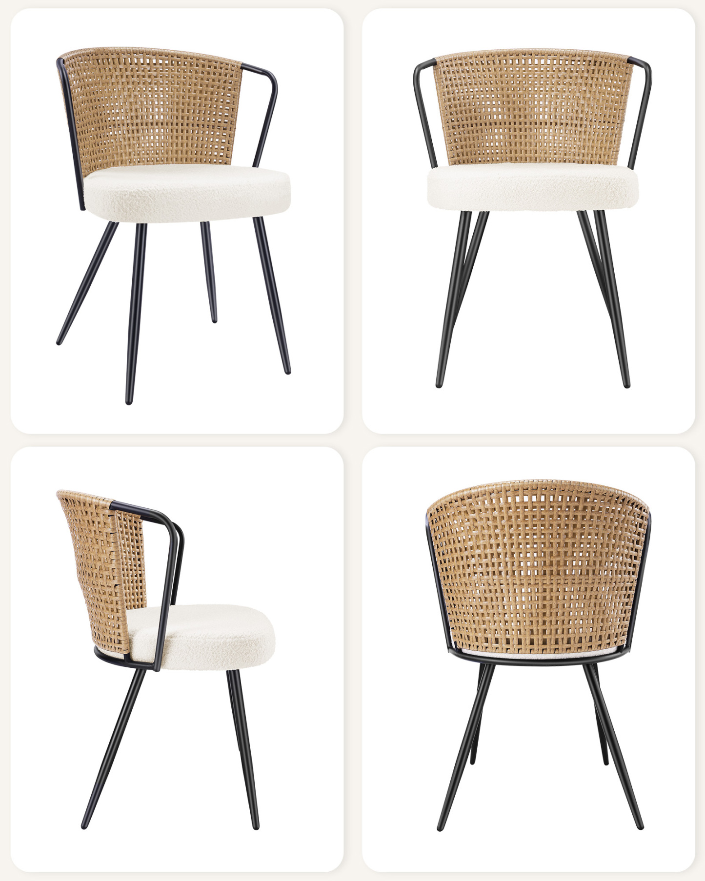Sailvan Set of 2/4/6 Dining Chairs, Upholstered Rattan Kitchen & Dining Room Chairs with Rattan Backrest & Boucle Cushion, Farmhouse Dining Room Chair with Metal Leg