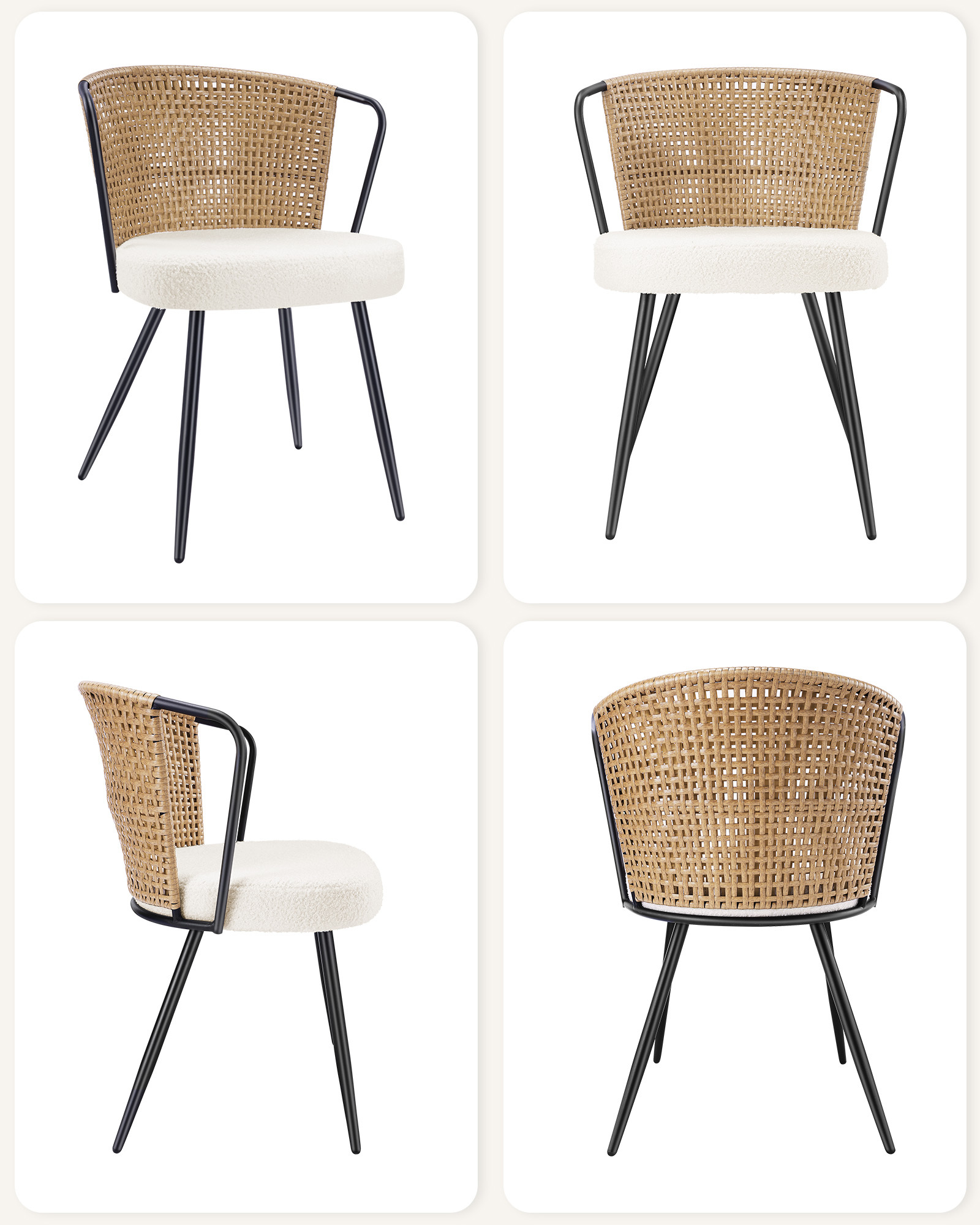 Sailvan Set of 2/4/6 Dining Chairs, Upholstered Rattan Kitchen & Dining Room Chairs with Rattan Backrest & Boucle Cushion, Farmhouse Dining Room Chair with Metal Leg