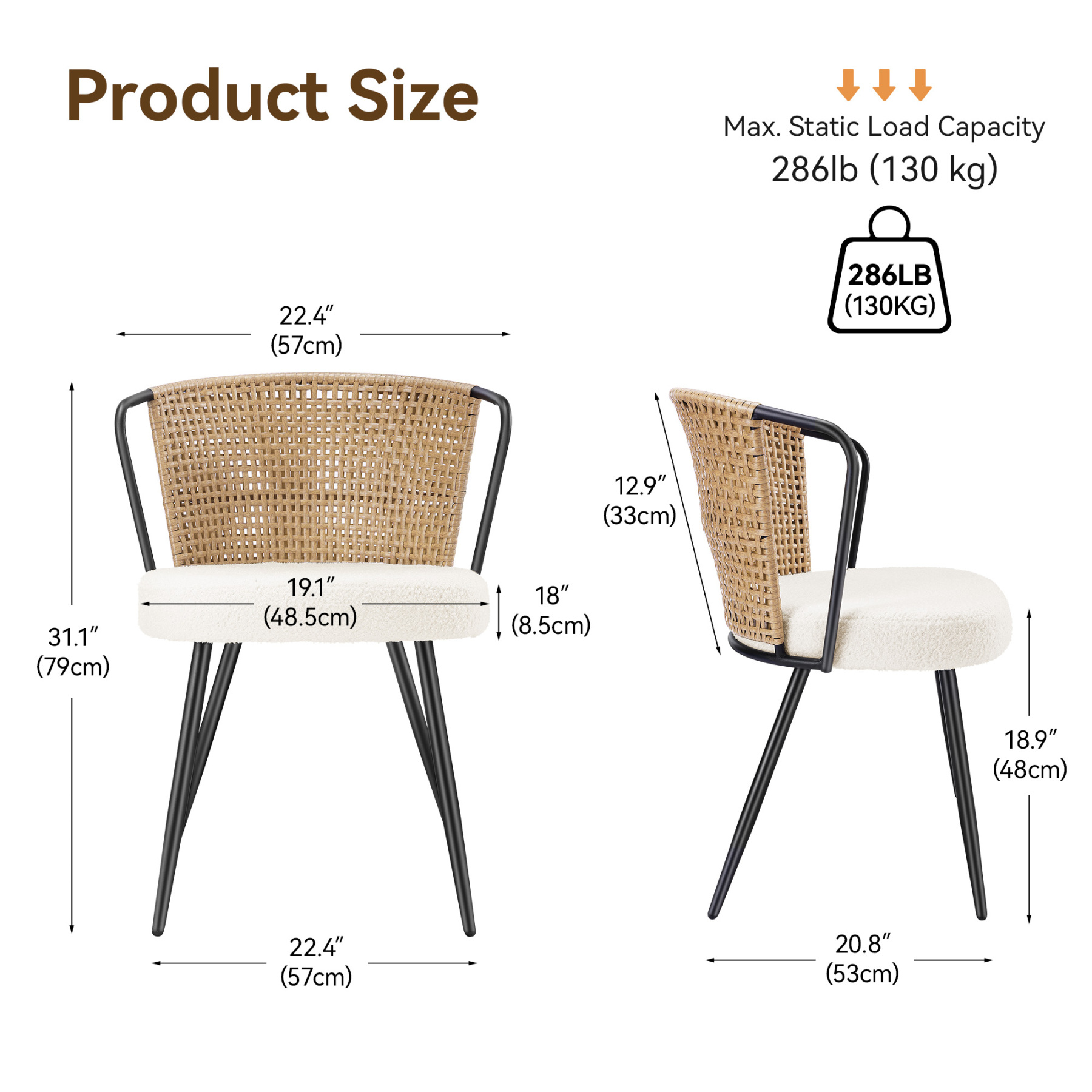 Sailvan Set of 2/4/6 Dining Chairs, Upholstered Rattan Kitchen & Dining Room Chairs with Rattan Backrest & Boucle Cushion, Farmhouse Dining Room Chair with Metal Leg