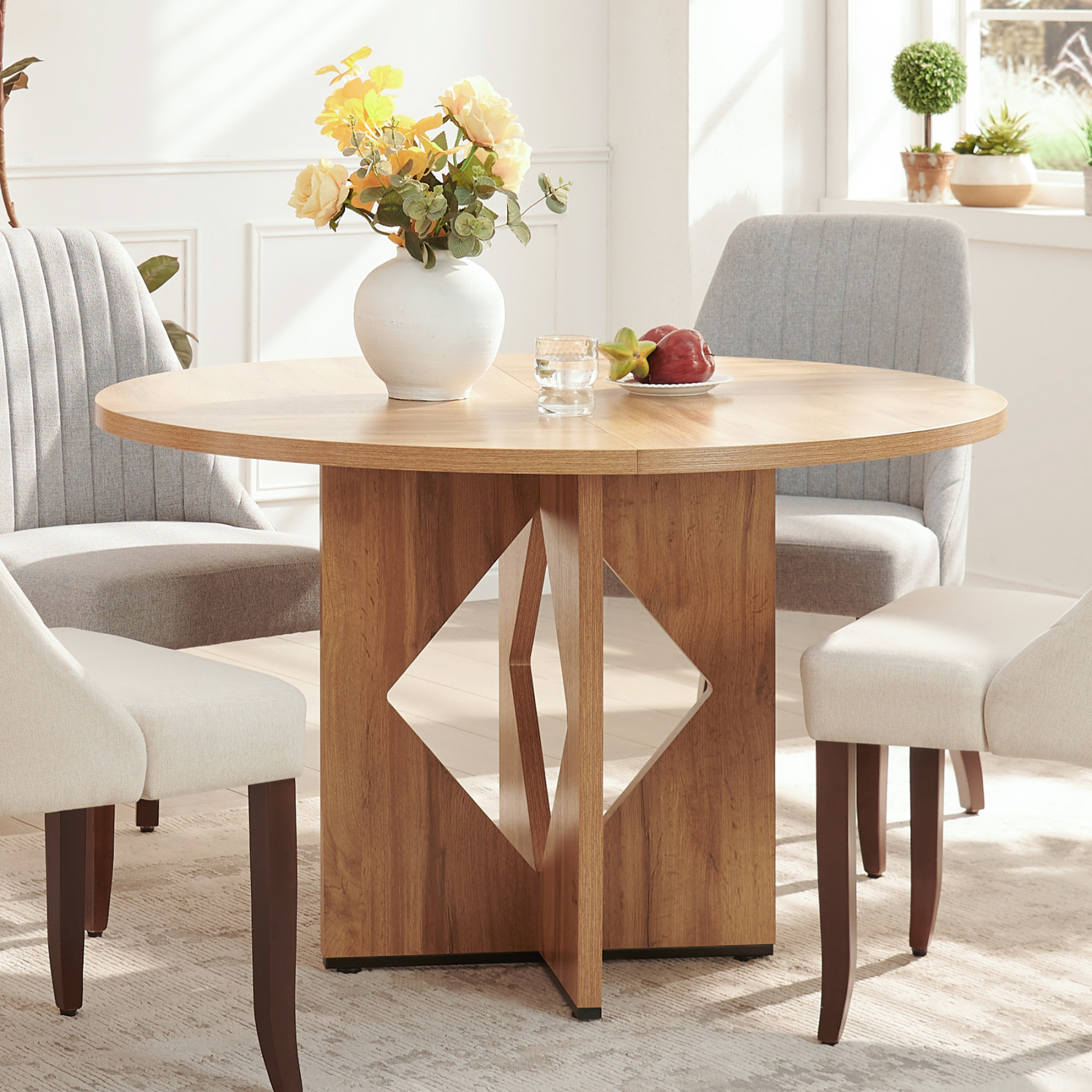 Sailvan Round Dining Table for 4, 47 Inches Farmhouse Dinner Table with Wooden Pedestal Base, Modern Kitchen and Dining Room Circle Table, Space Saving Dining Table