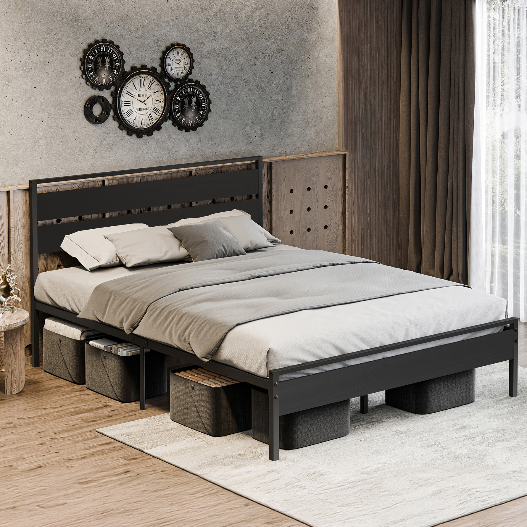 Sailvan Queen Bed Frame with Headboard, Platform Bed with Metal Slat Support, No Box Spring Needed, Dark Gray