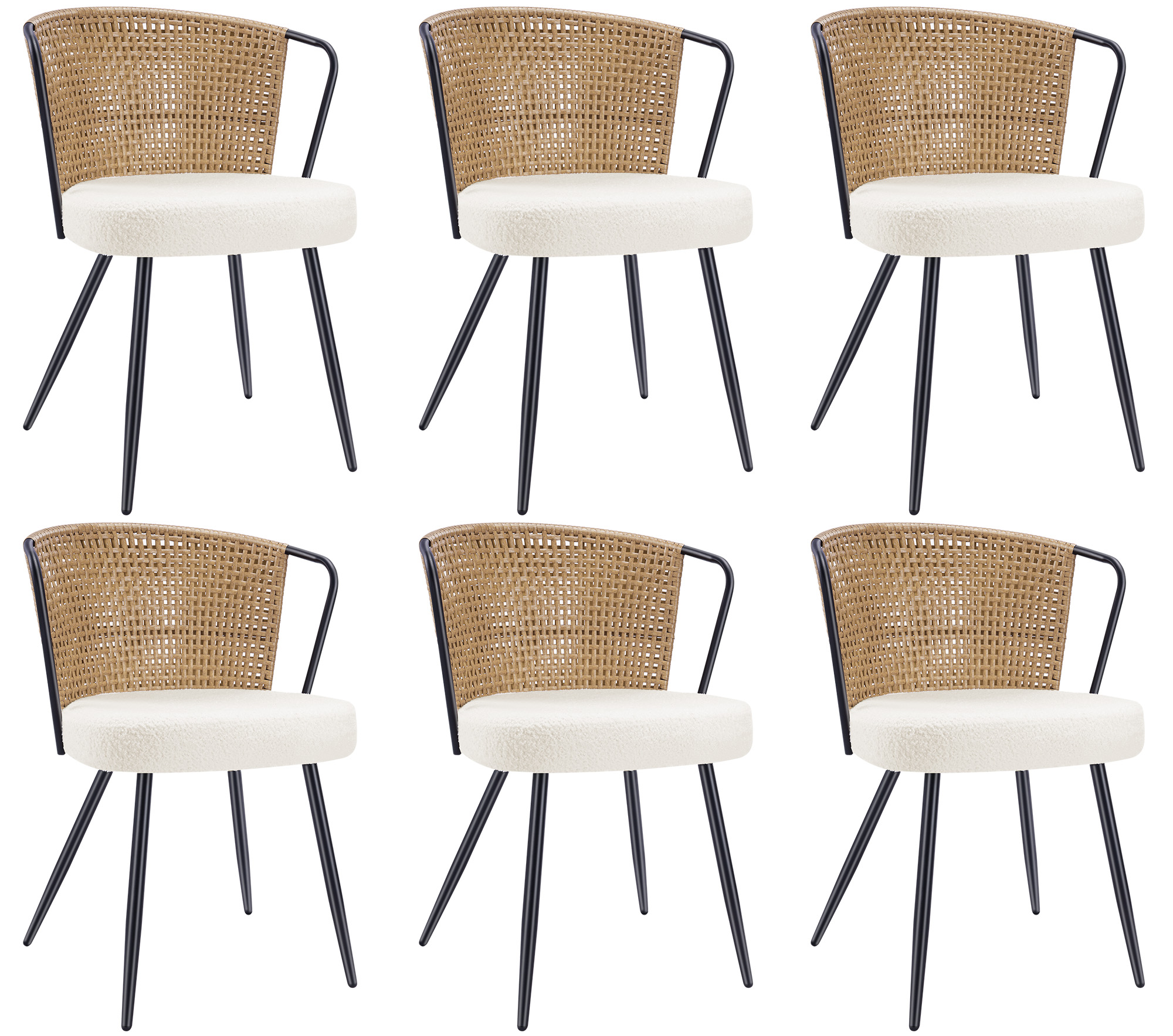 Sailvan Set of 2/4/6 Dining Chairs, Upholstered Rattan Kitchen & Dining Room Chairs with Rattan Backrest & Boucle Cushion, Farmhouse Dining Room Chair with Metal Leg