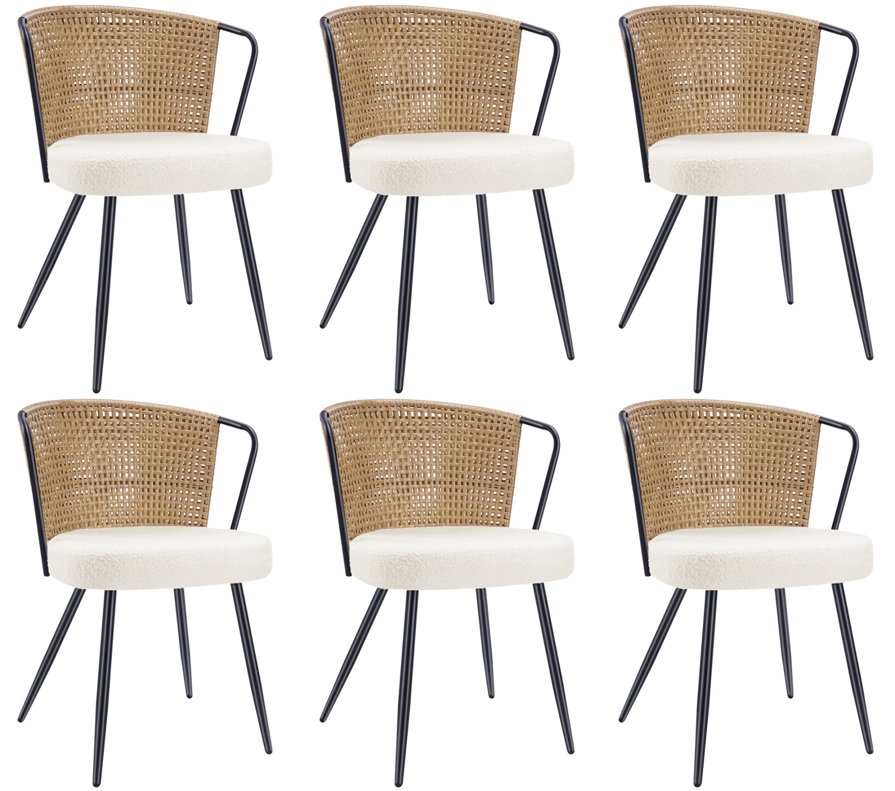 Sailvan Set of 2/4/6 Dining Chairs, Upholstered Rattan Kitchen & Dining Room Chairs with Rattan Backrest & Boucle Cushion, Farmhouse Dining Room Chair with Metal Leg