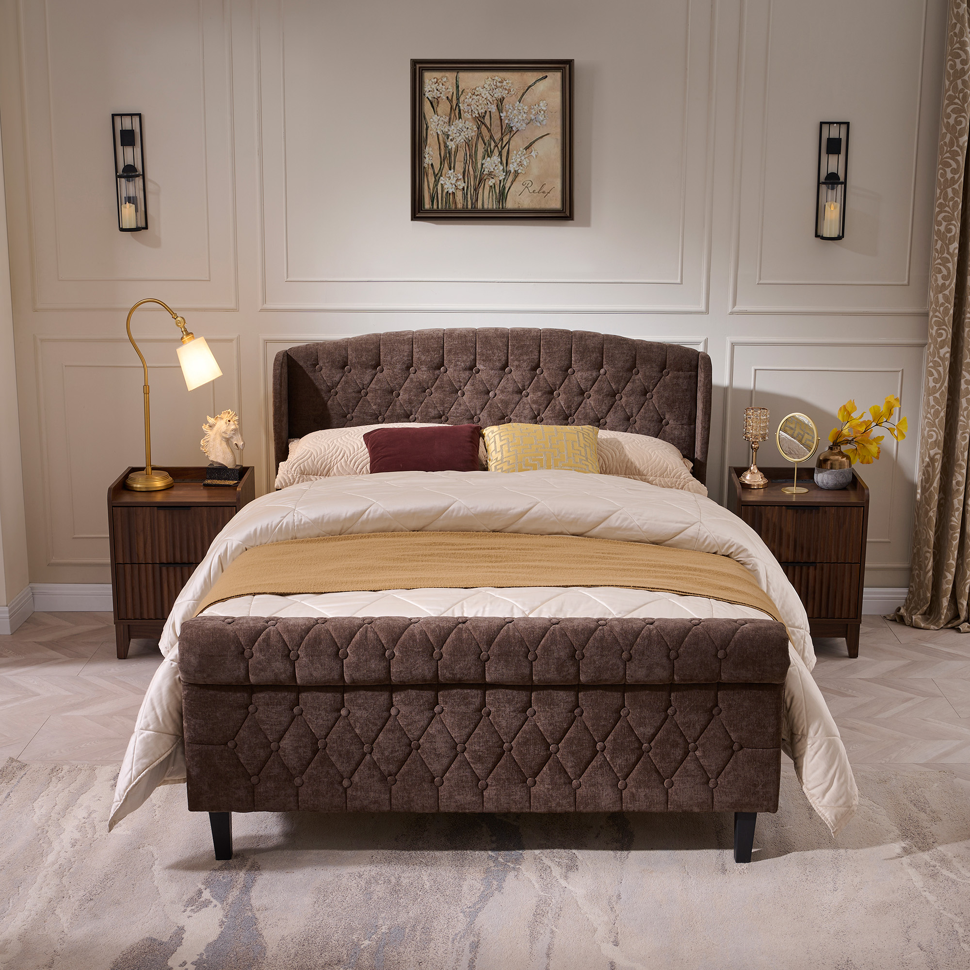 Susalt Queen Size Platform Bed Frame, Chenille Upholstered Sleigh Bed Frame with Scroll Footboard, Button Tufted/Wood Slats Support/No Box Spring Needed