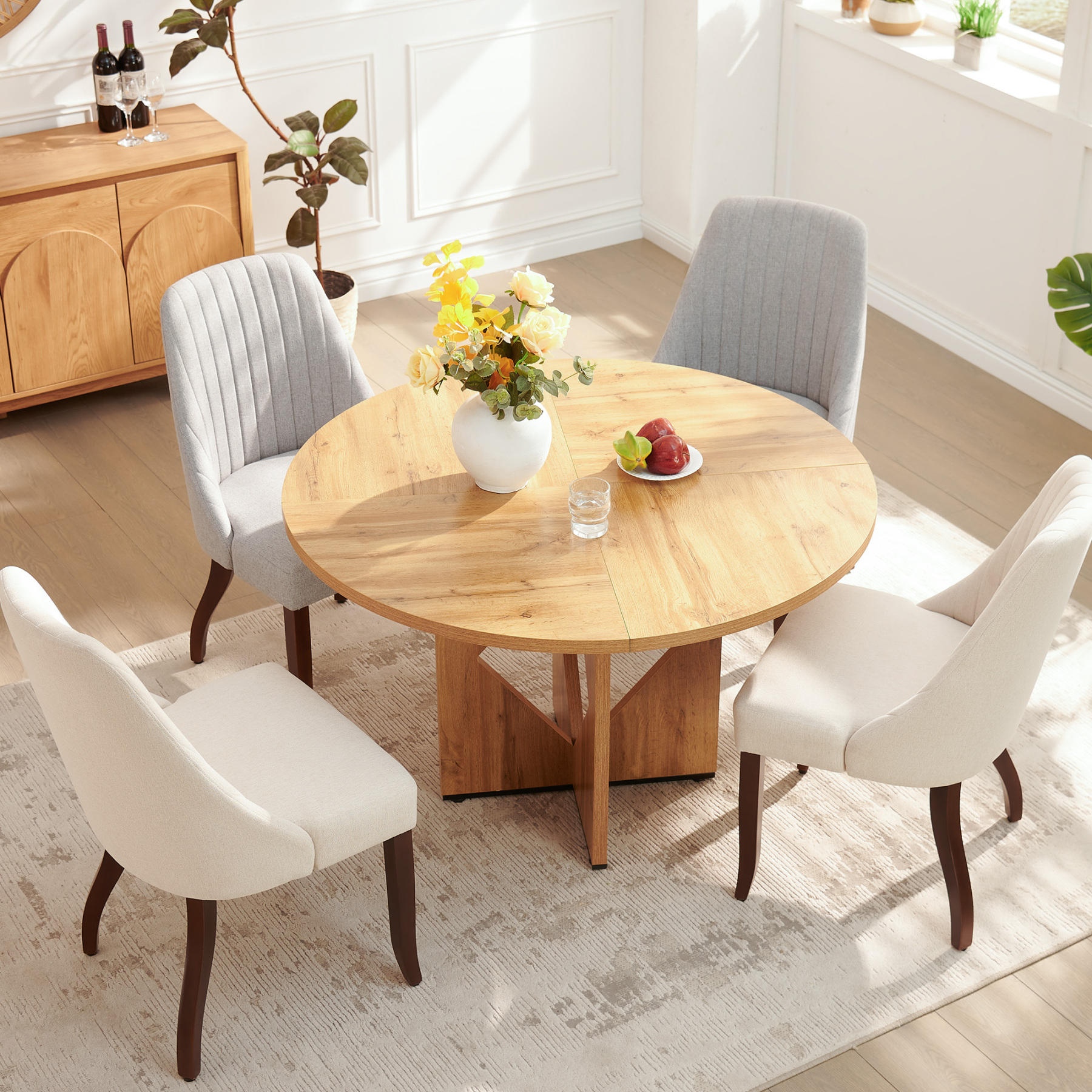 Sailvan Round Dining Table for 4, 47 Inches Farmhouse Dinner Table with Wooden Pedestal Base, Modern Kitchen and Dining Room Circle Table, Space Saving Dining Table