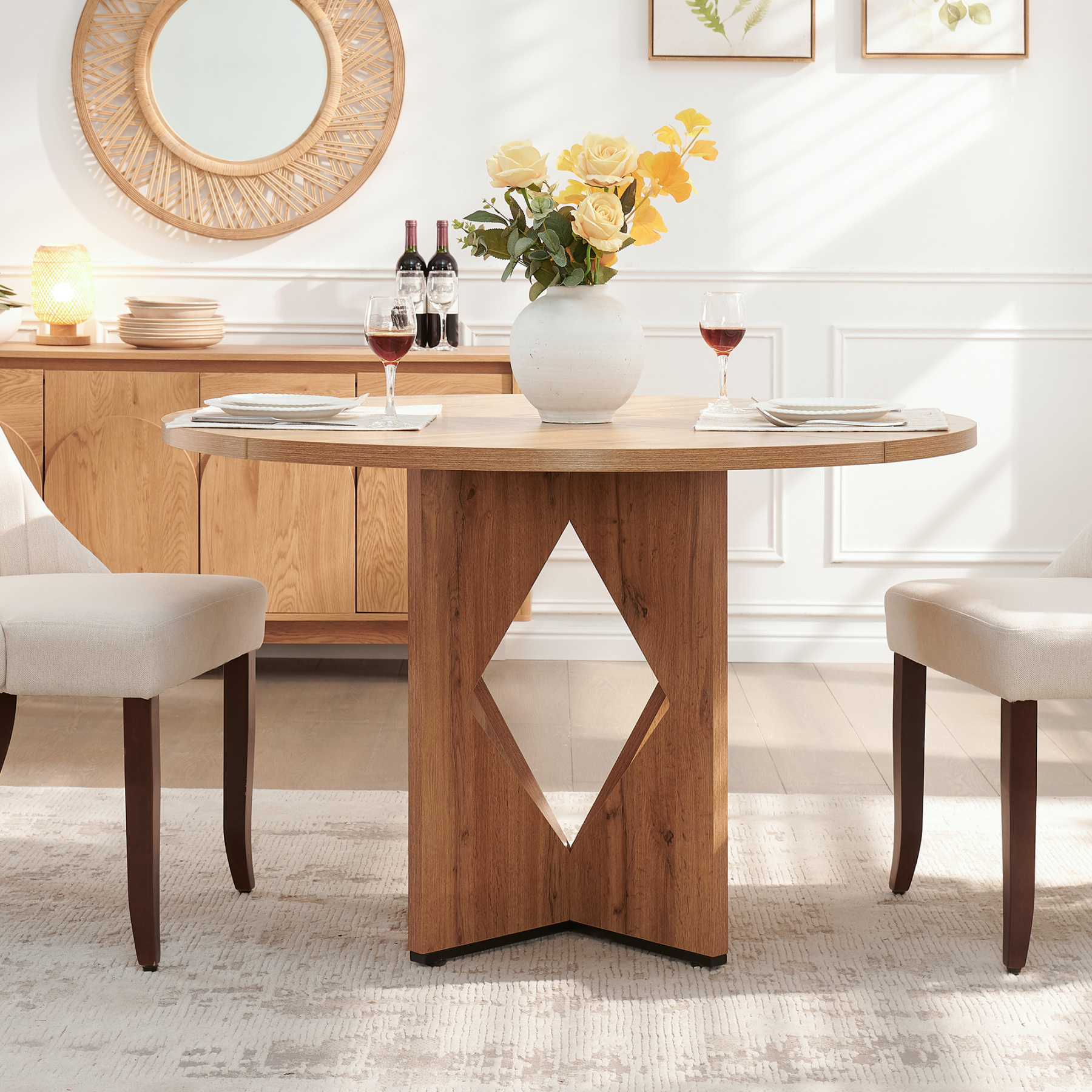 Sailvan Round Dining Table for 4, 47 Inches Farmhouse Dinner Table with Wooden Pedestal Base, Modern Kitchen and Dining Room Circle Table, Space Saving Dining Table