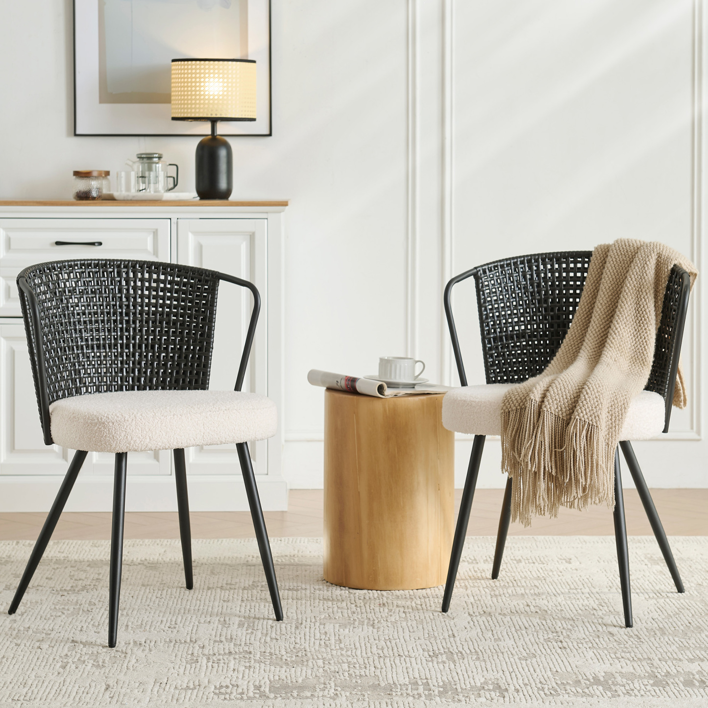 Sailvan Set of 2/4/6 Dining Chairs, Upholstered Rattan Kitchen & Dining Room Chairs with Rattan Backrest & Boucle Cushion, Farmhouse Dining Room Chair with Metal Leg