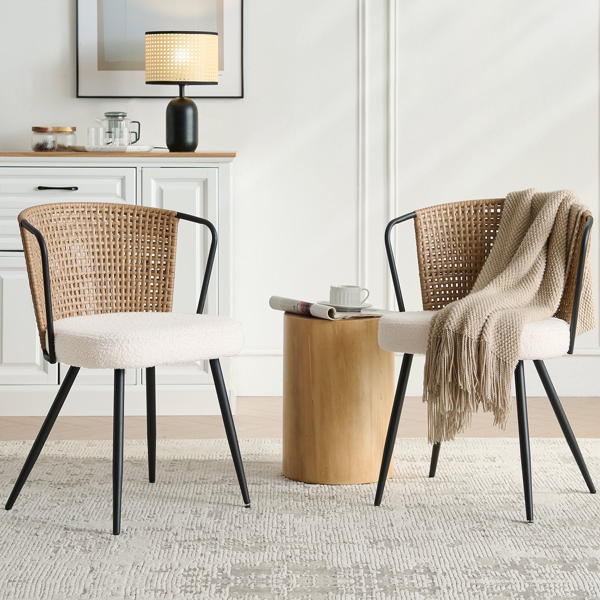 Sailvan Set of 2/4/6 Dining Chairs, Upholstered Rattan Kitchen & Dining Room Chairs with Rattan Backrest & Boucle Cushion, Farmhouse Dining Room Chair with Metal Leg