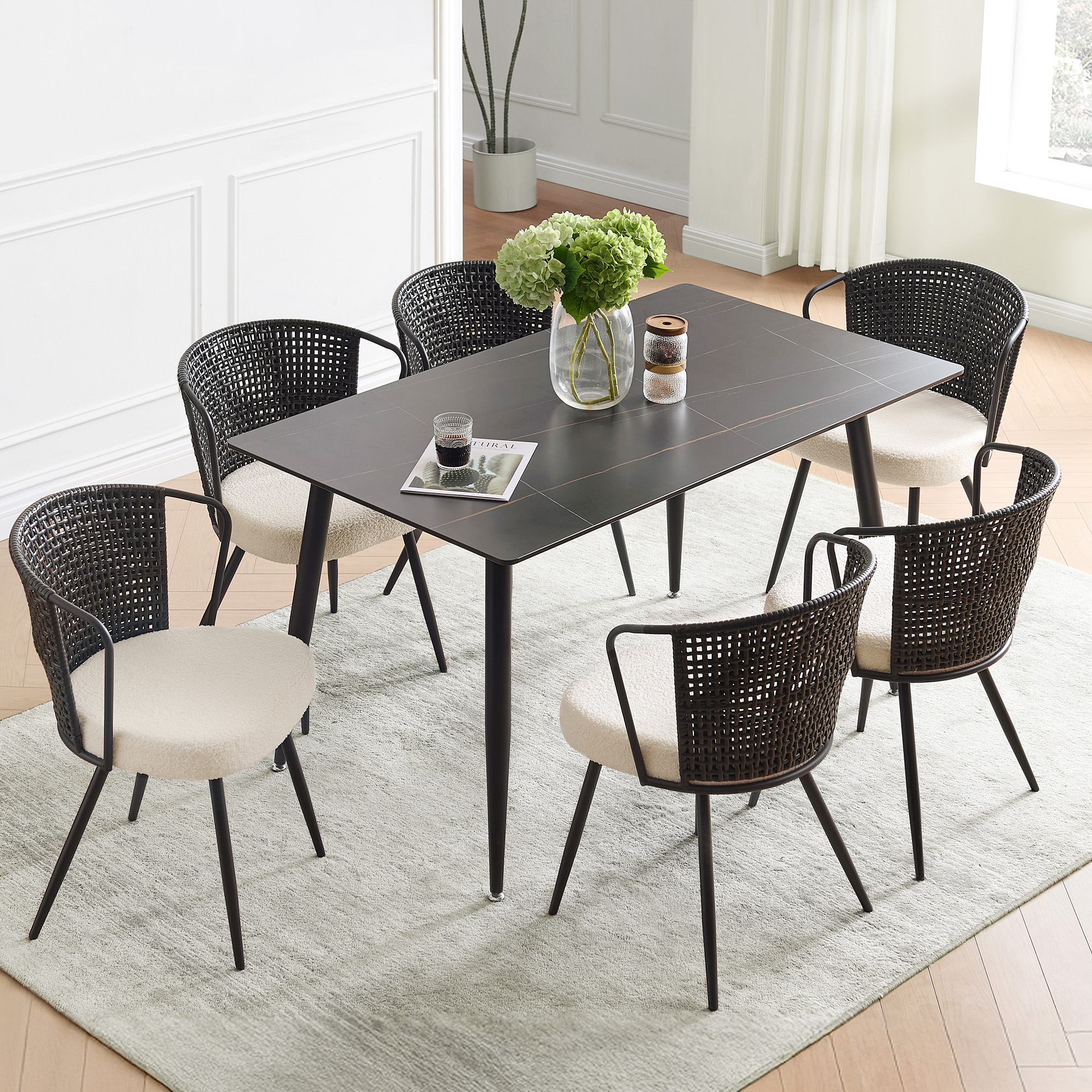 Sailvan Set of 2/4/6 Dining Chairs, Upholstered Rattan Kitchen & Dining Room Chairs with Rattan Backrest & Boucle Cushion, Farmhouse Dining Room Chair with Metal Leg