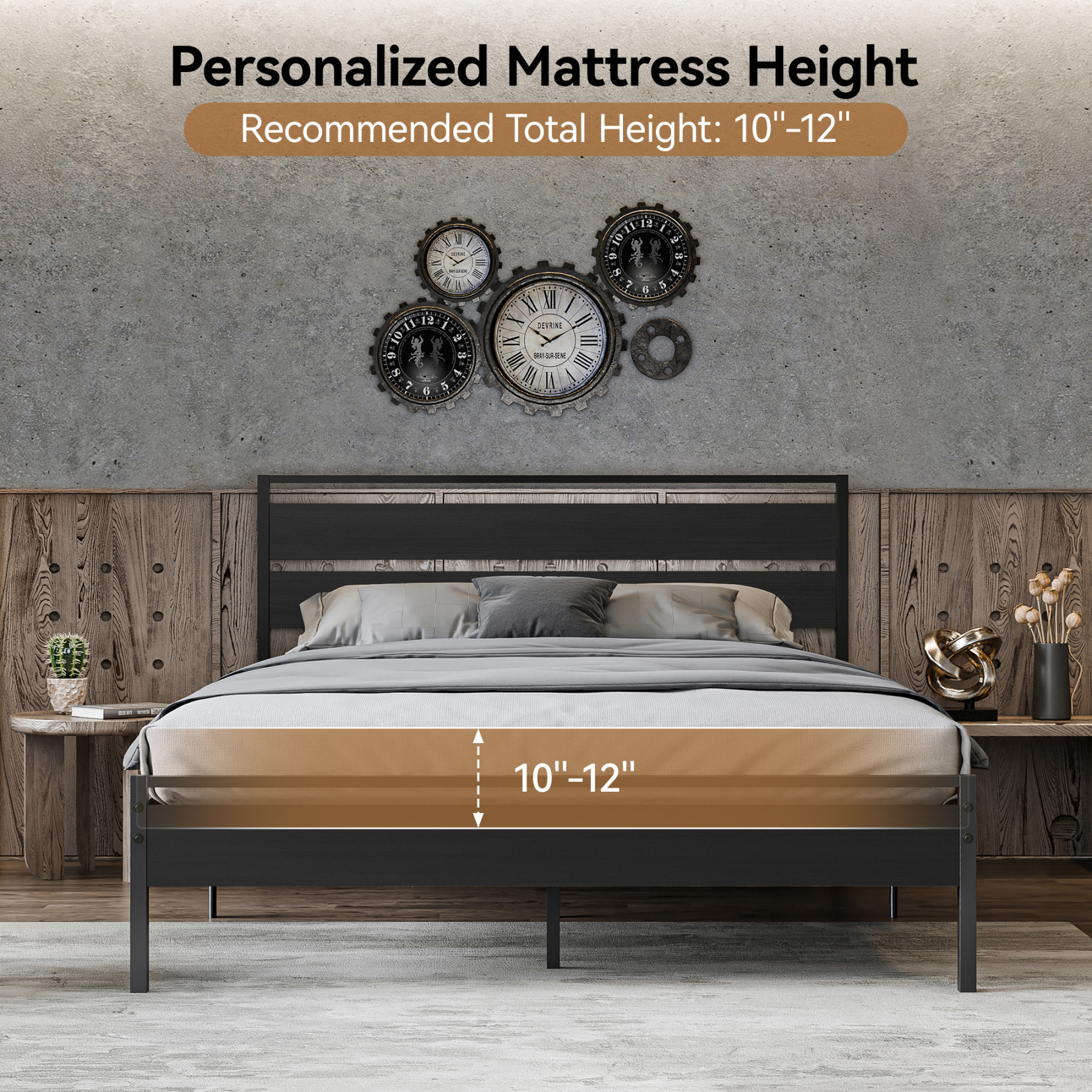 Sailvan Queen Bed Frame with Headboard, Platform Bed with Metal Slat Support, No Box Spring Needed, Dark Gray