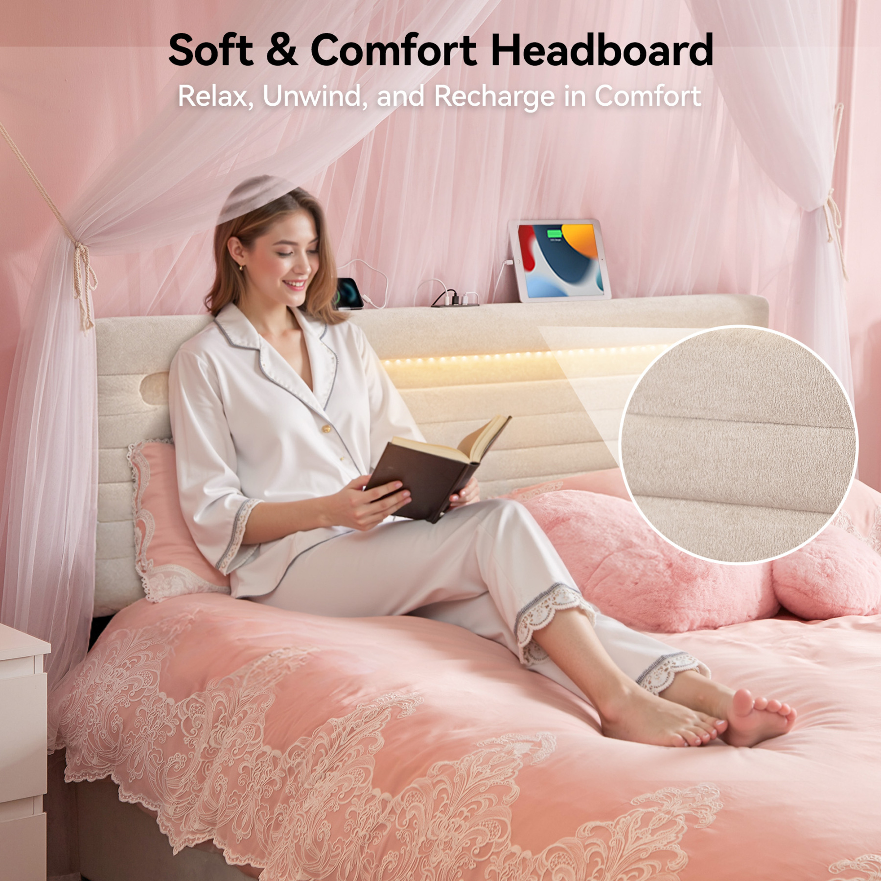 Sailvan Bed Frame with 4 Storage Drawers, Velvet Upholstered LED Bedframe with Charging Station and headboard, Wood Slats Support, No Box Spring Needed,