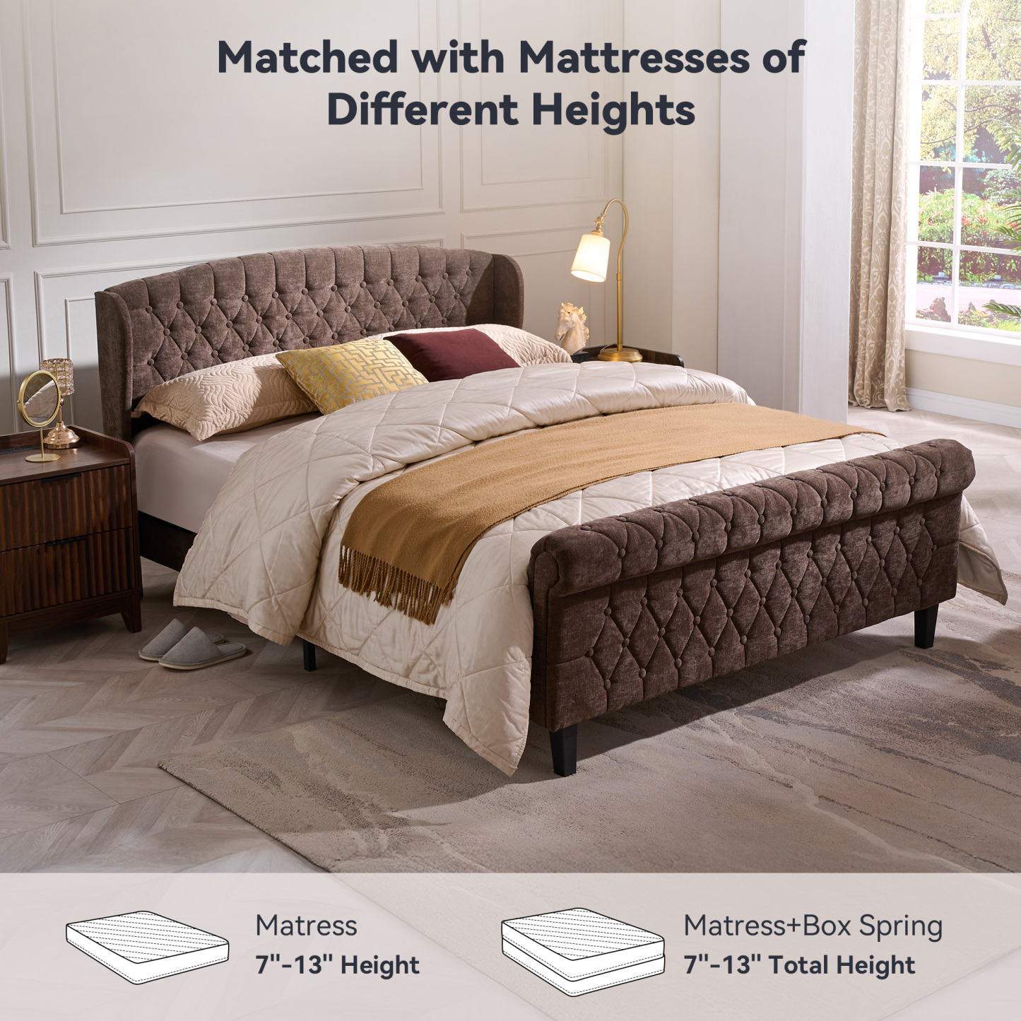 Susalt Queen Size Platform Bed Frame, Chenille Upholstered Sleigh Bed Frame with Scroll Footboard, Button Tufted/Wood Slats Support/No Box Spring Needed