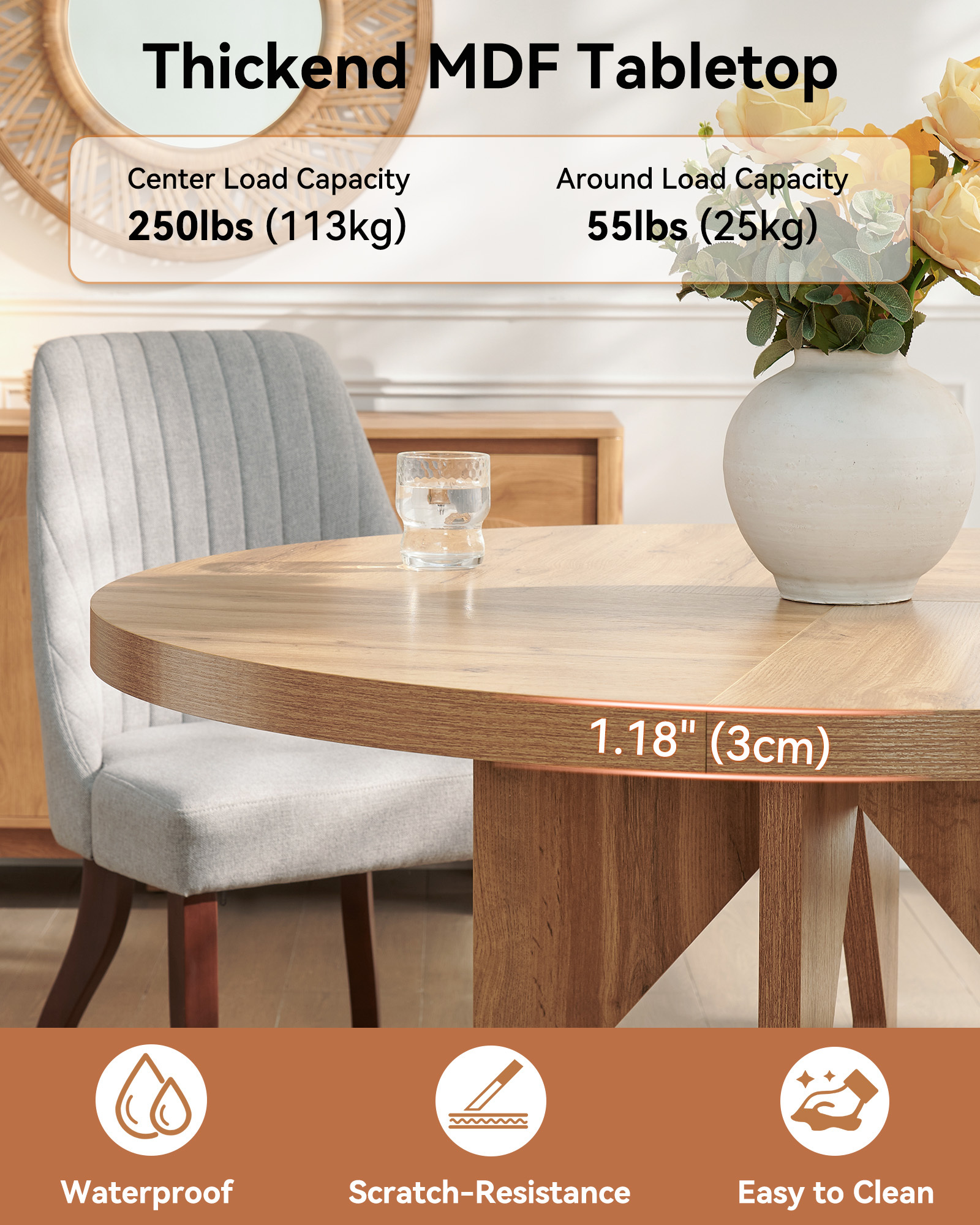 Sailvan Round Dining Table for 4, 47 Inches Farmhouse Dinner Table with Wooden Pedestal Base, Modern Kitchen and Dining Room Circle Table, Space Saving Dining Table