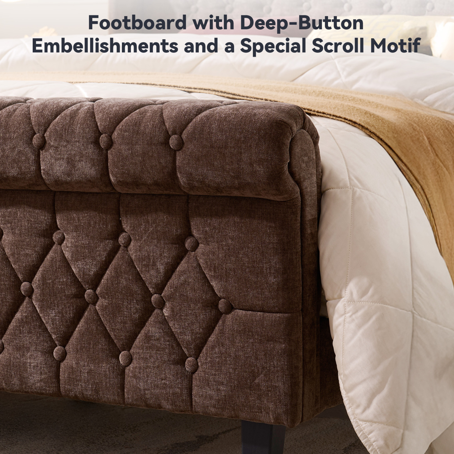 Susalt Queen Size Platform Bed Frame, Chenille Upholstered Sleigh Bed Frame with Scroll Footboard, Button Tufted/Wood Slats Support/No Box Spring Needed