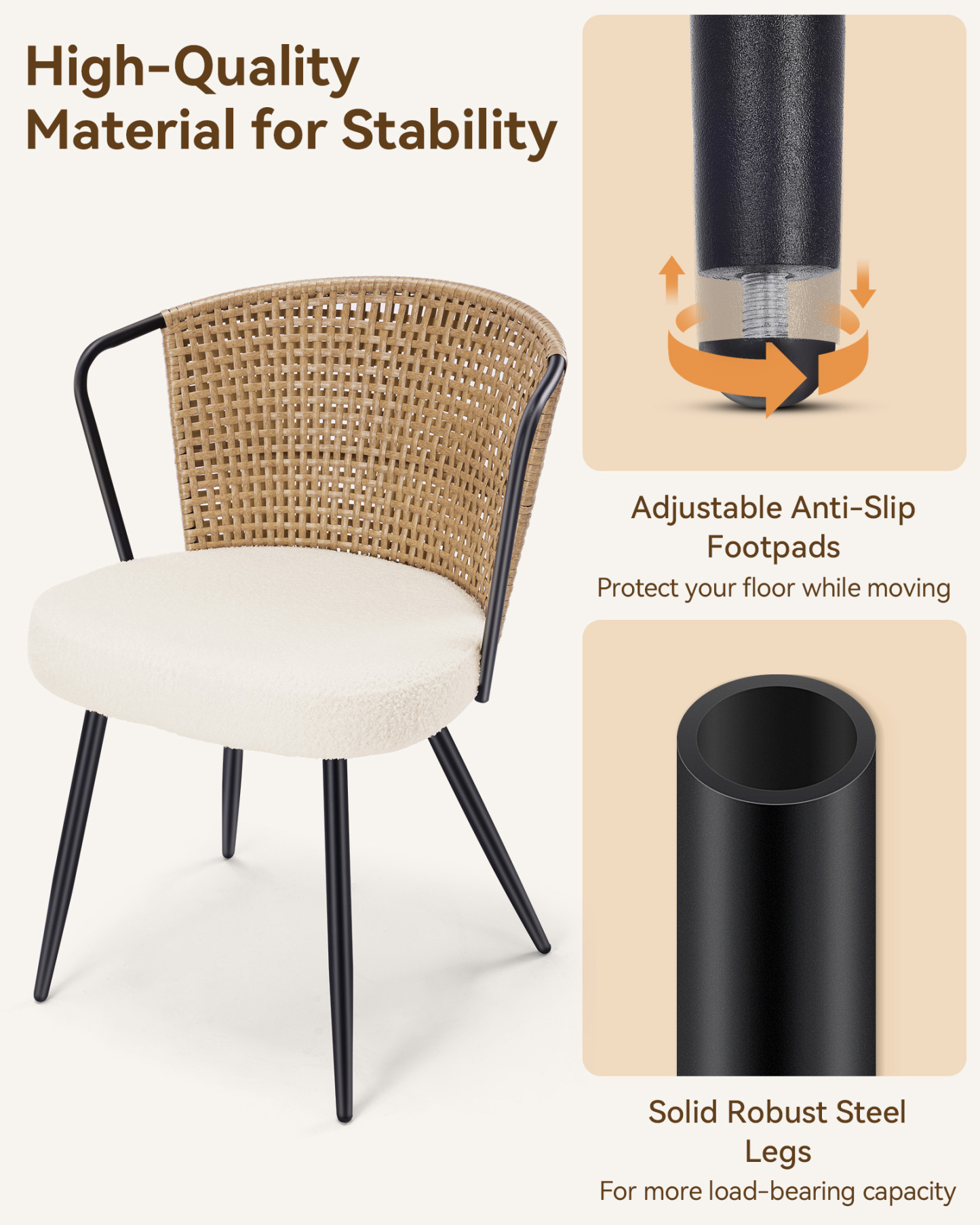 Sailvan Set of 2/4/6 Dining Chairs, Upholstered Rattan Kitchen & Dining Room Chairs with Rattan Backrest & Boucle Cushion, Farmhouse Dining Room Chair with Metal Leg