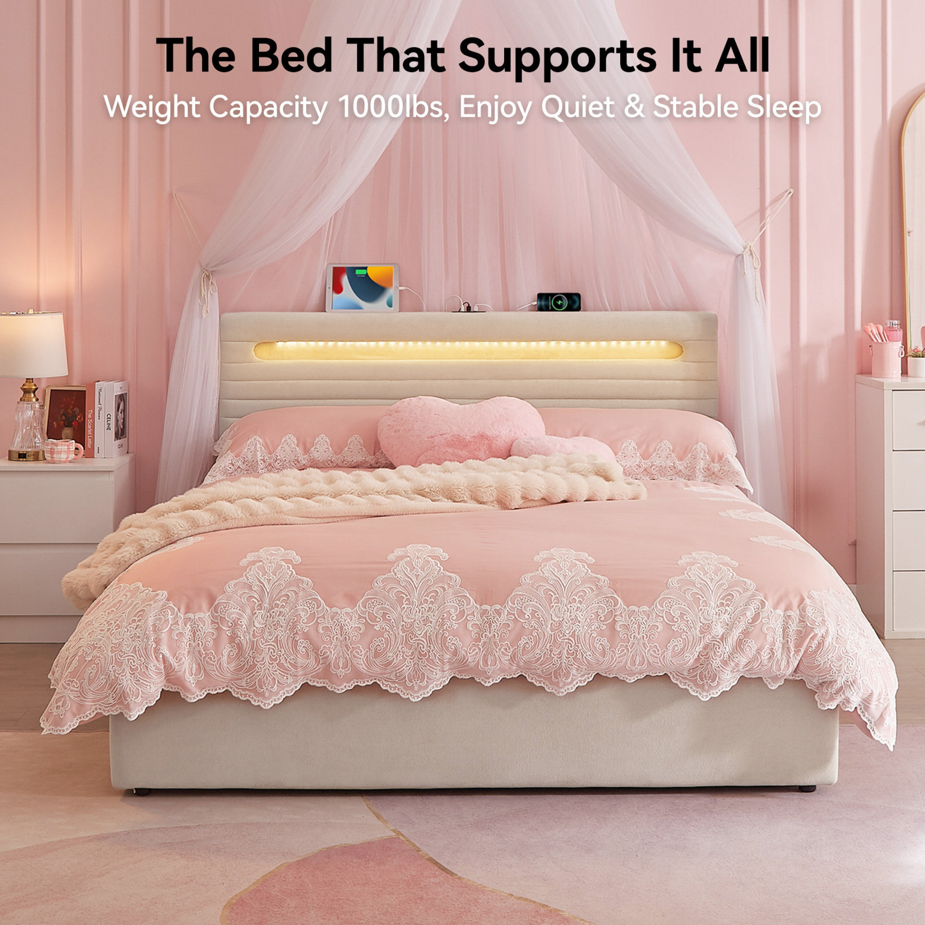 Sailvan Bed Frame with 4 Storage Drawers, Velvet Upholstered LED Bedframe with Charging Station and headboard, Wood Slats Support, No Box Spring Needed,