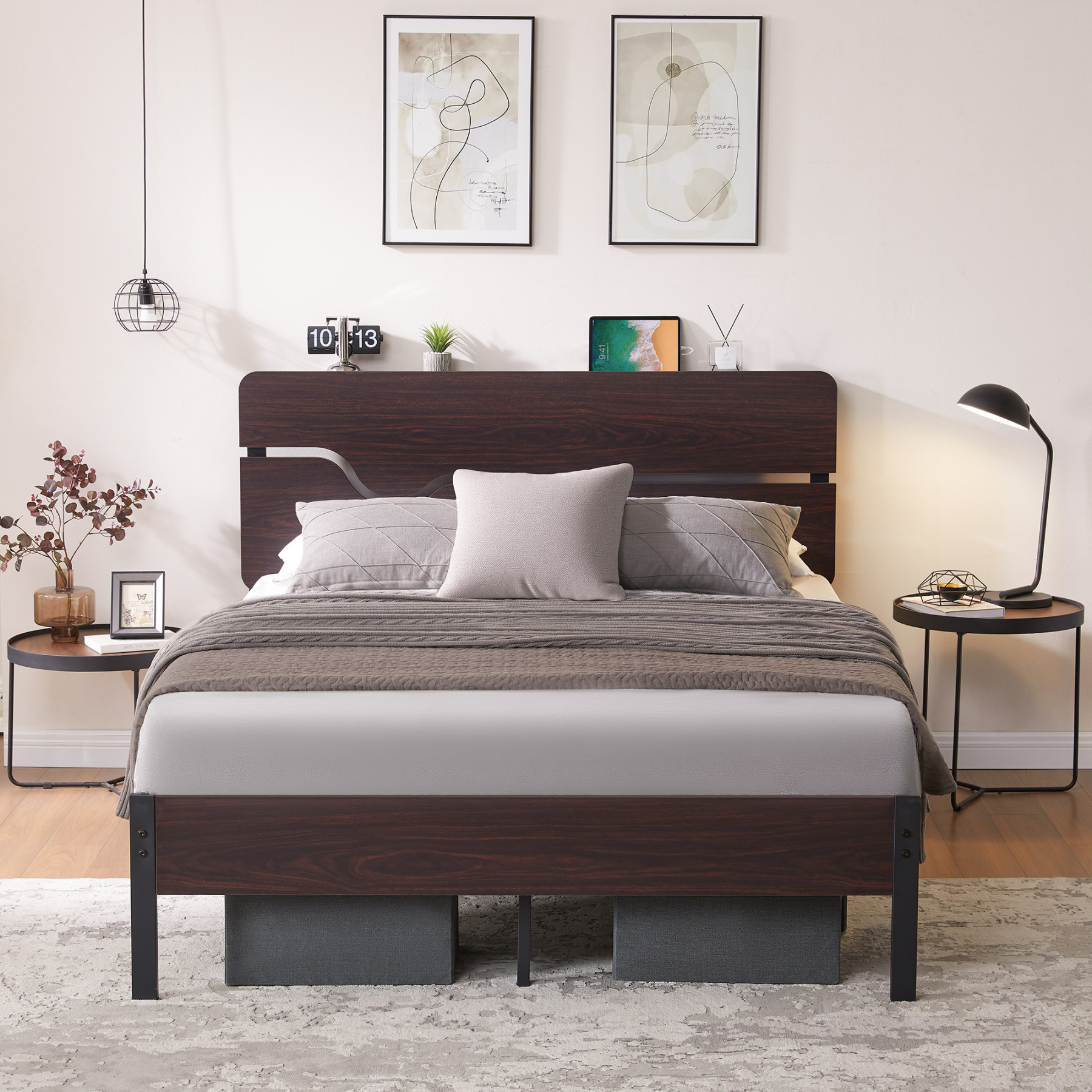 Full Size Bed Frame with Headboard, Platform Bed Frame with Charging S