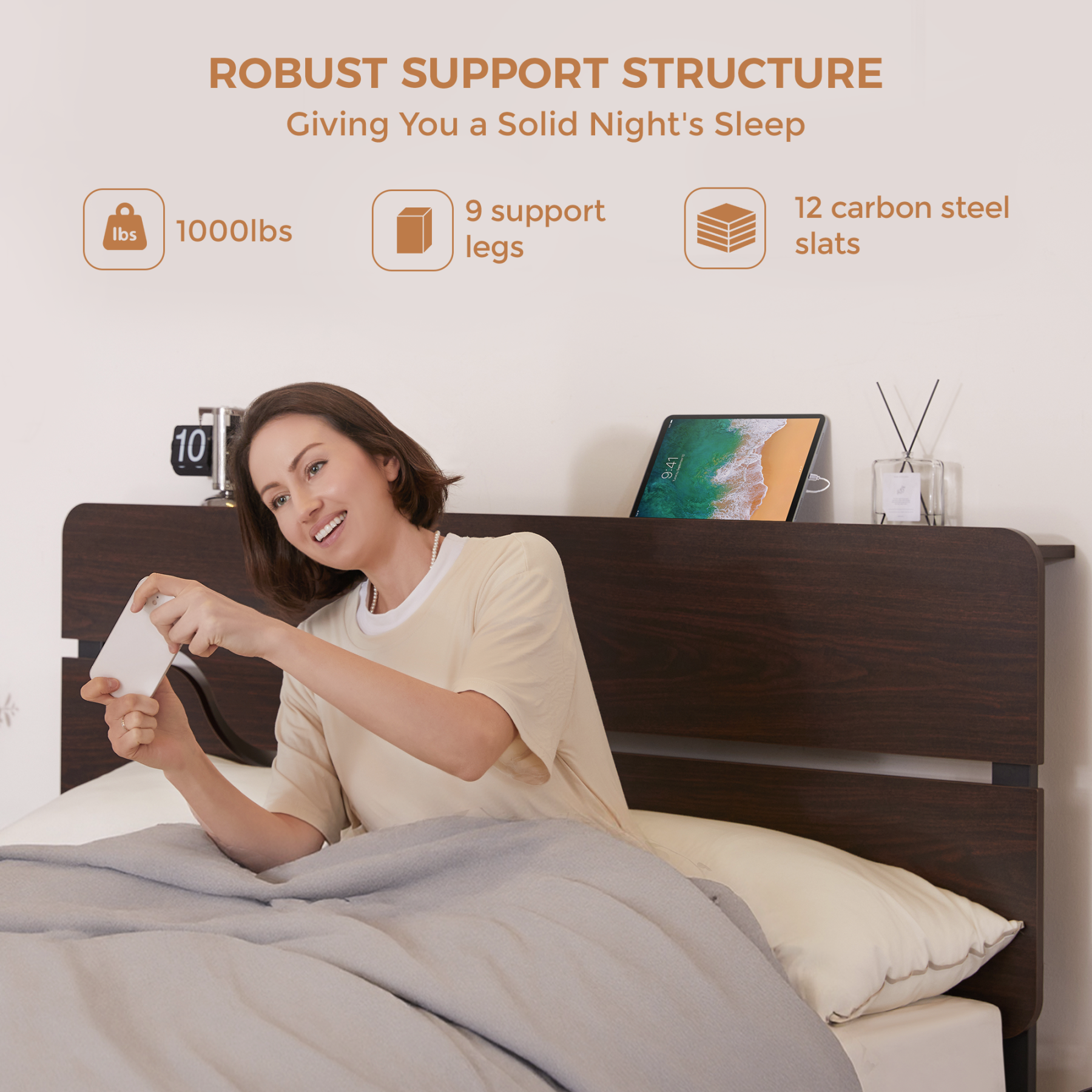  Full Size Bed Frame with Headboard, Platform Bed Frame with Charging Station, No Box Spring Needed, Easy Assembly, Heavy Duty Metal Slats, Walnut Color