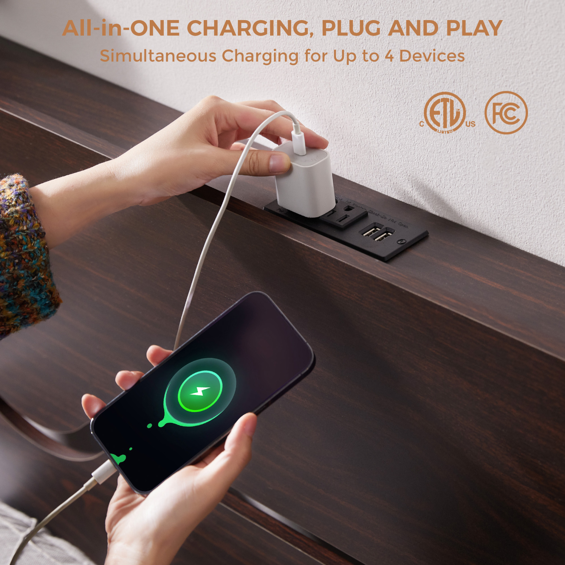  Full Size Bed Frame with Headboard, Platform Bed Frame with Charging Station, No Box Spring Needed, Easy Assembly, Heavy Duty Metal Slats, Walnut Color