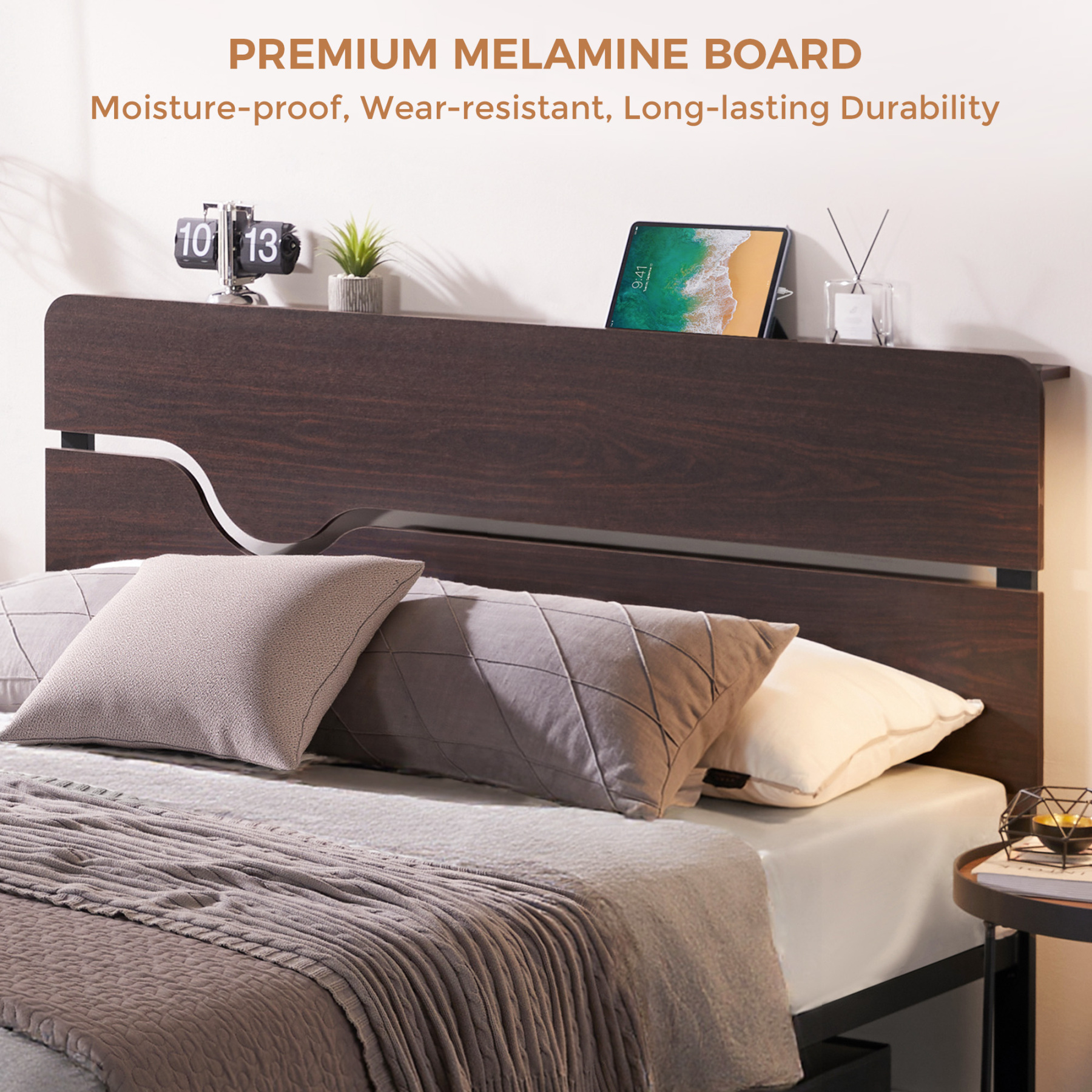  Full Size Bed Frame with Headboard, Platform Bed Frame with Charging Station, No Box Spring Needed, Easy Assembly, Heavy Duty Metal Slats, Walnut Color