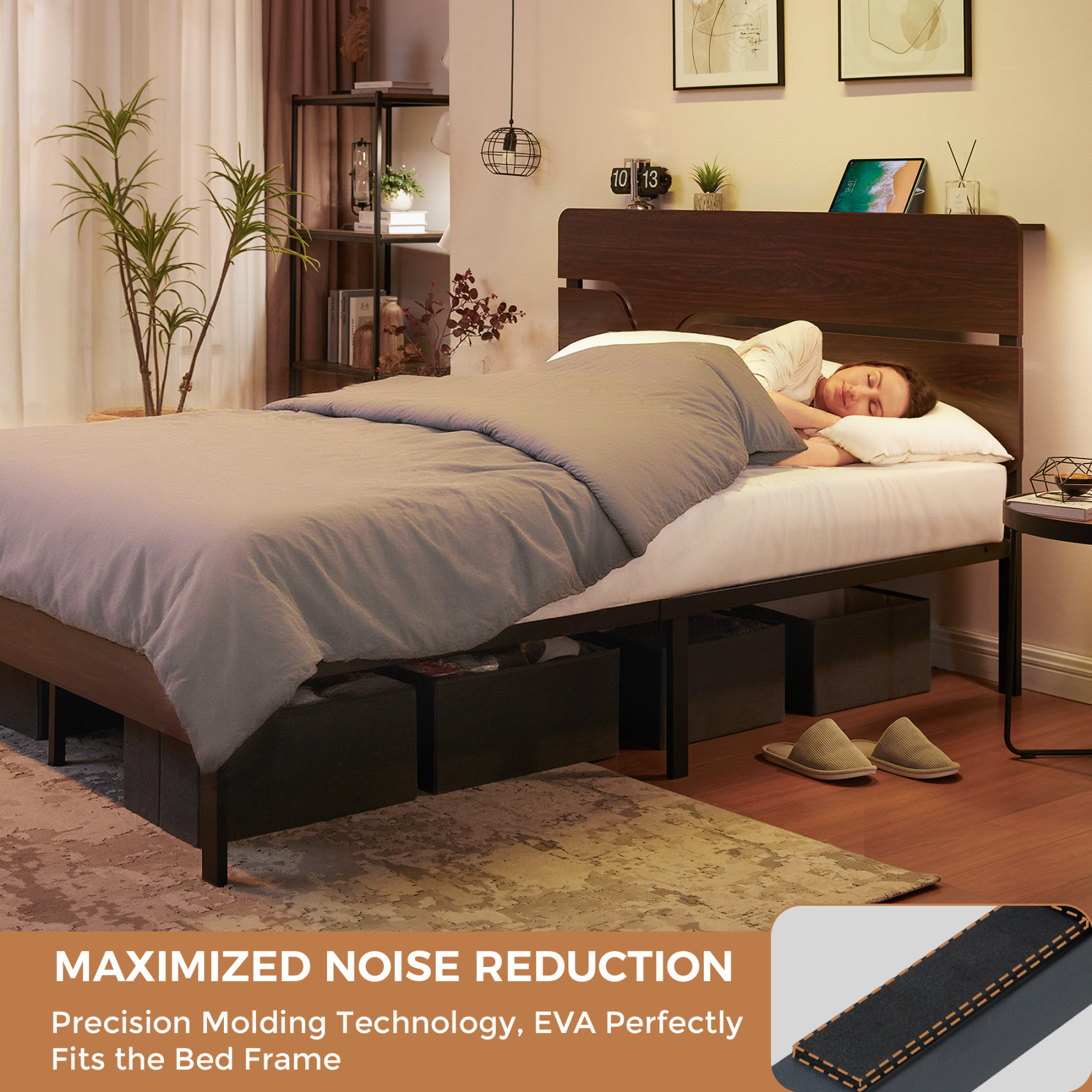  Full Size Bed Frame with Headboard, Platform Bed Frame with Charging Station, No Box Spring Needed, Easy Assembly, Heavy Duty Metal Slats, Walnut Color