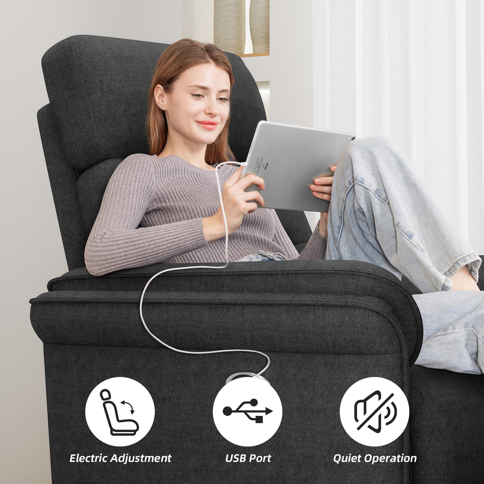 Susalt Power Recliner Chair for Adults, Living Room Accent Chairs Velvet Single Sofa for Home Theatre Seating & Reading with Overstuffed Arms & USB Charging