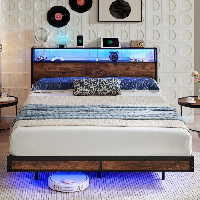 Susalt Bed Frame with 2-Tier Storage Headboard, Metal Industrial Style Platform Full Size Bed Frame with Charging Station & LED Lights