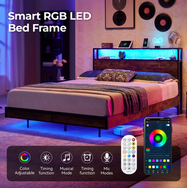 Susalt Bed Frame with 2-Tier Storage Headboard, Metal Industrial Style Platform Full Size Bed Frame with Charging Station & LED Lights