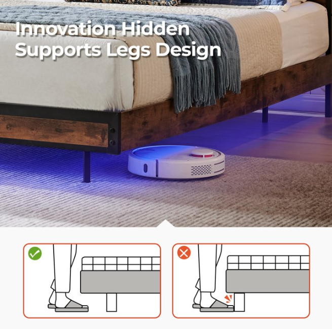 Susalt Bed Frame with 2-Tier Storage Headboard, Metal Industrial Style Platform Full Size Bed Frame with Charging Station & LED Lights
