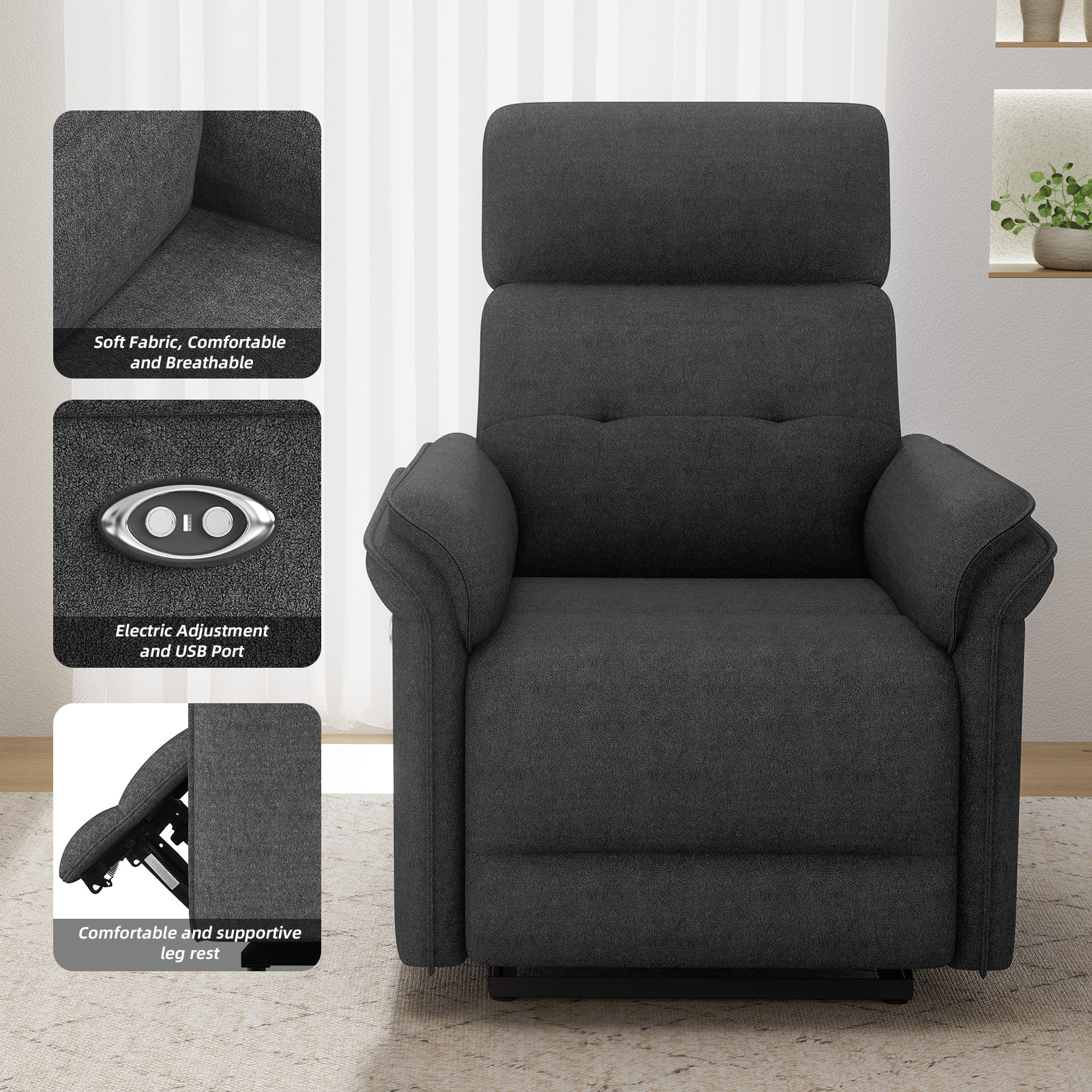 Susalt Power Recliner Chair for Adults, Living Room Accent Chairs Velvet Single Sofa for Home Theatre Seating & Reading with Overstuffed Arms & USB Charging