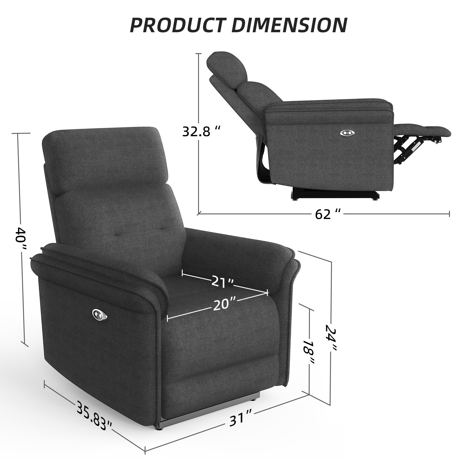 Susalt Power Recliner Chair for Adults, Living Room Accent Chairs Velvet Single Sofa for Home Theatre Seating & Reading with Overstuffed Arms & USB Charging