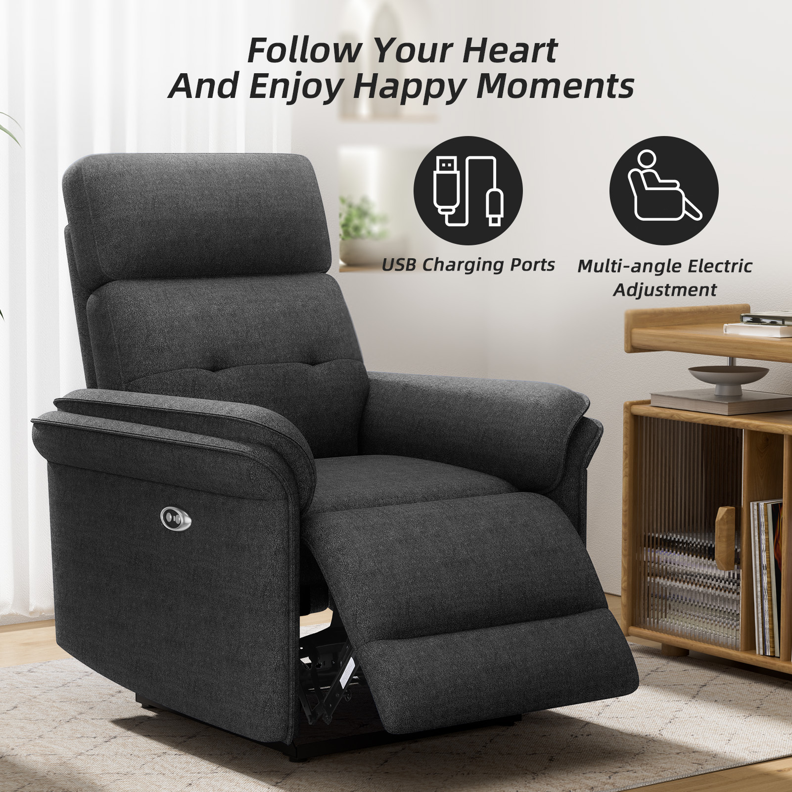 Susalt Power Recliner Chair for Adults, Living Room Accent Chairs Velvet Single Sofa for Home Theatre Seating & Reading with Overstuffed Arms & USB Charging