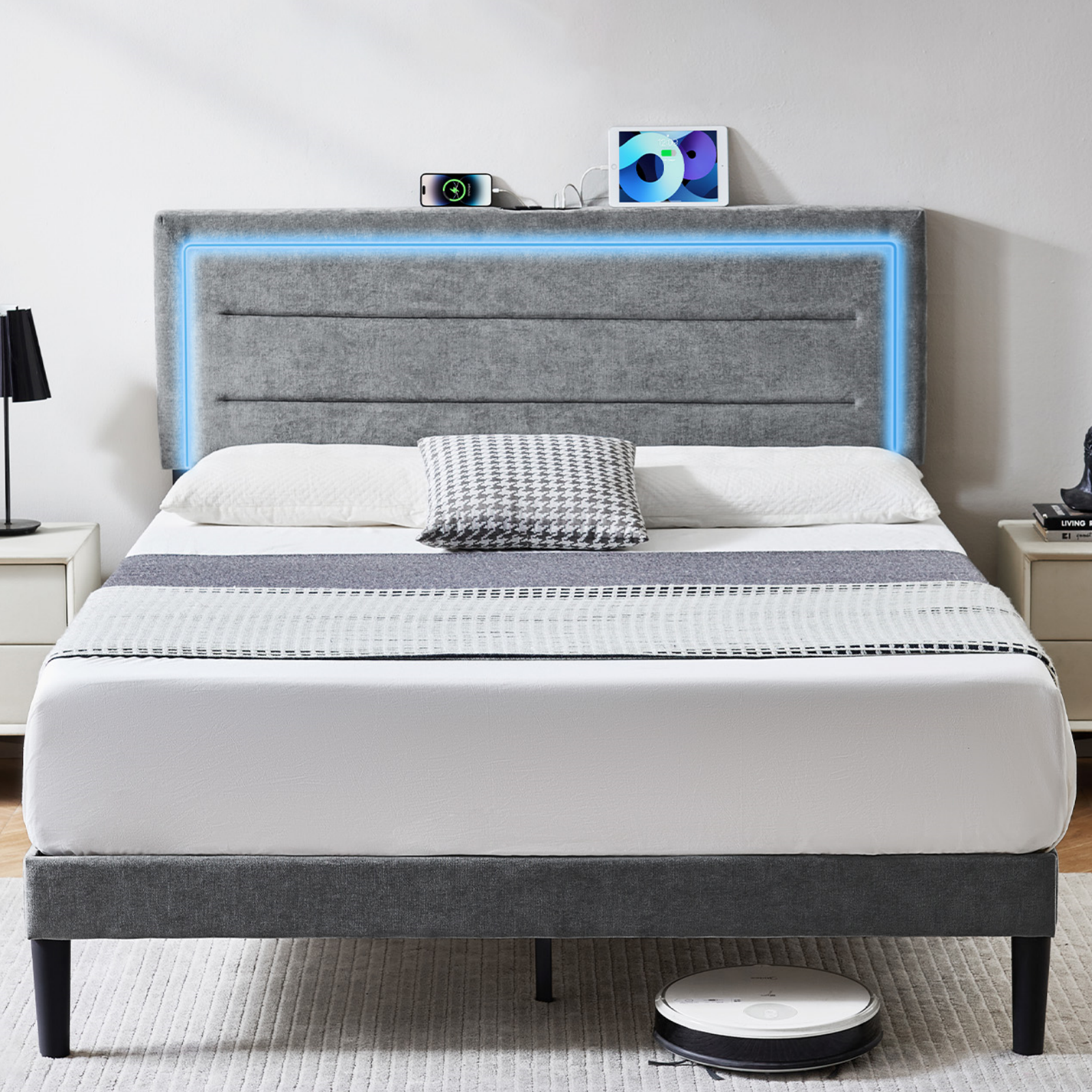 Sailvan Queen Bed Frame with LED Lights and Headboard,Upholstered Platform Bed Frame Queen Size with USB Charging Station,No Box Spring Needed,Sturdy Frame and Noise Free,Grey