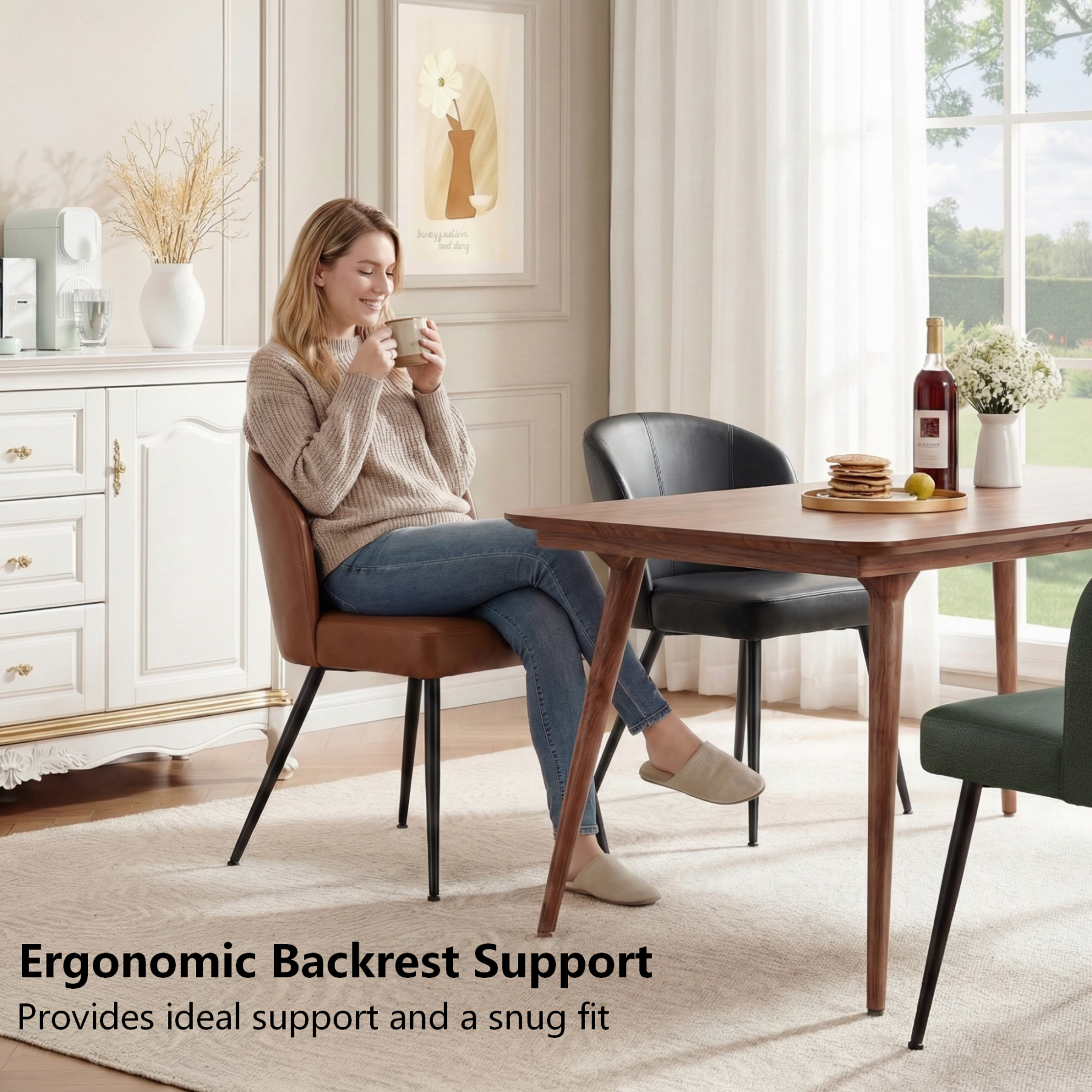 Sailvan Dining Chairs Set, Modern Living Room Chairs, Leather Kitchen Chairs, Mid Century Style Upholstered Chairs for Dining room, With Cushion Seat And Metal Legs, Easy Assembly, Brown