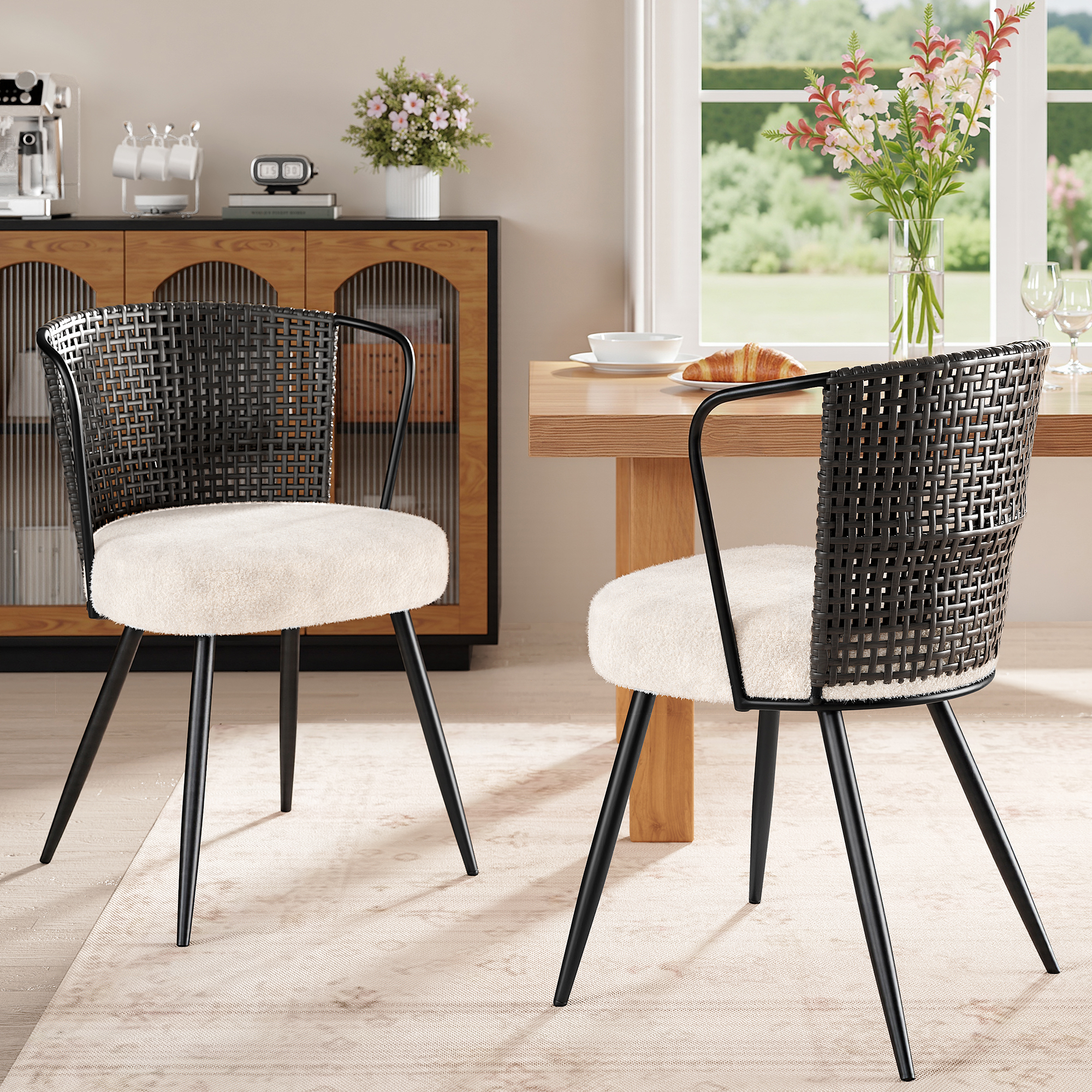 Sailvan Dining Chair Set, Upholstered Kitchen & Dining Room Chairs Tufted Accent Chairs with Rattan Backrest & Lamb Fleece Fabric Cushion, Wingback Dining Room Seat, Black