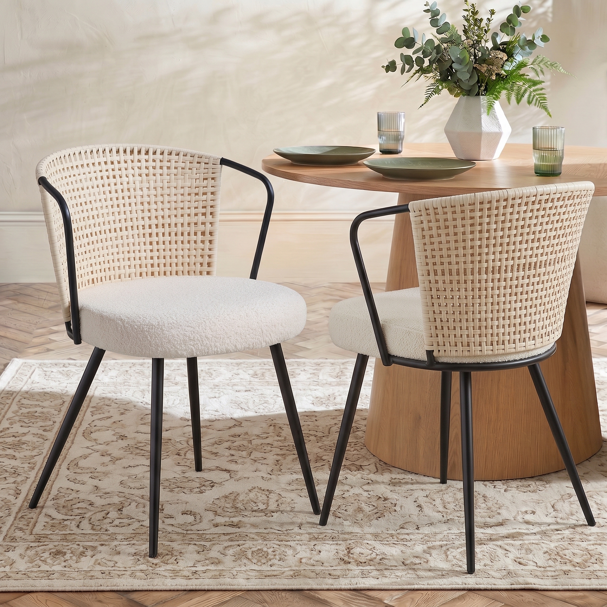 Sailvan Set of 2/4/6 Dining Chairs, Upholstered Rattan Kitchen & Dining Room Chairs with Rattan Backrest & Boucle Cushion, Farmhouse Dining Room Chair with Metal Leg