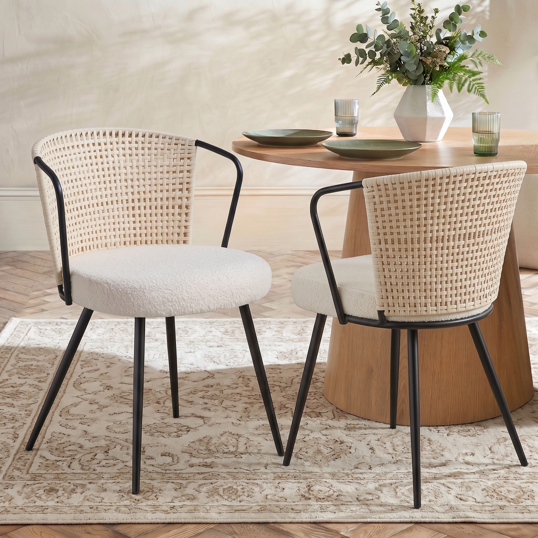 Sailvan Set of 2/4/6 Dining Chairs, Upholstered Rattan Kitchen & Dining Room Chairs with Rattan Backrest & Boucle Cushion, Farmhouse Dining Room Chair with Metal Leg