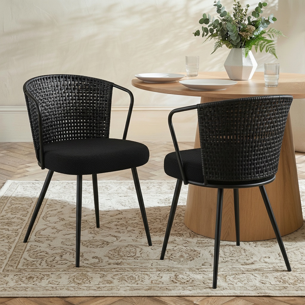 Sailvan Set of 2/4/6 Dining Chairs, Upholstered Rattan Kitchen & Dining Room Chairs with Rattan Backrest & Boucle Cushion, Farmhouse Dining Room Chair with Metal Leg