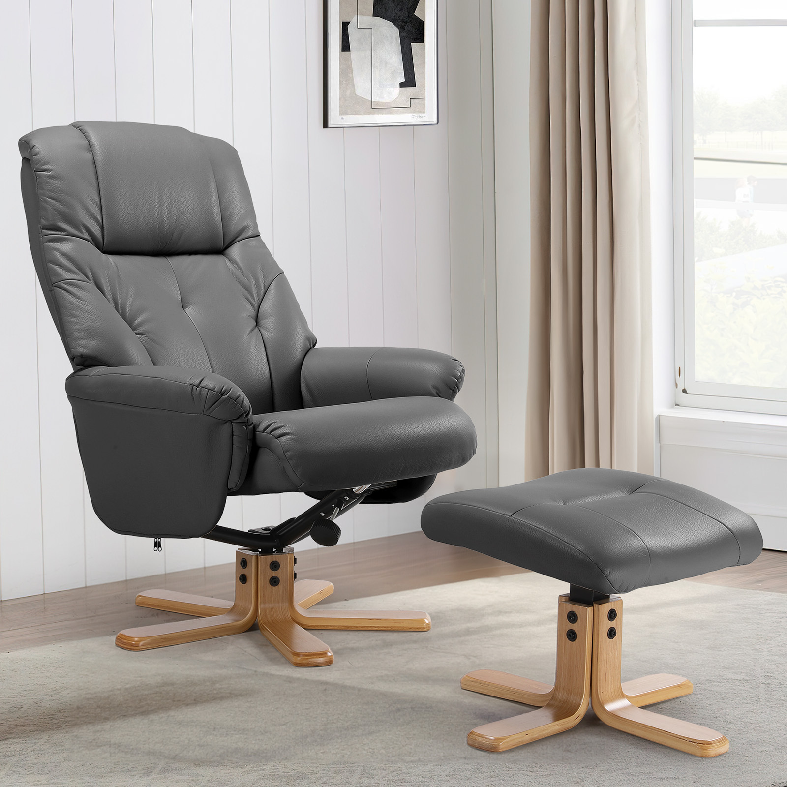 Susalt Swivel Recliner Chair with Ottoman, Stylish Faux Leather Reclin
