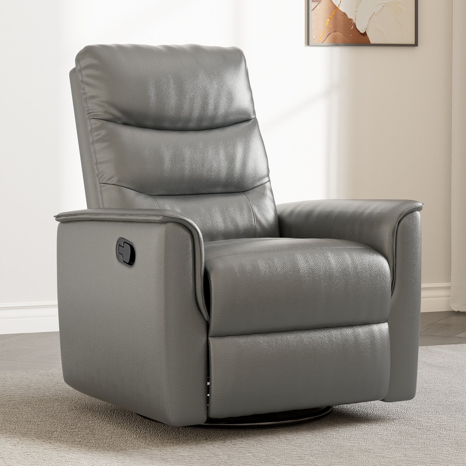 Susalt Recliner Chair for Adults, Rocker Reclining Chair for Nursery, Leather Swivel Sofa with Adjustable Backrest and Footrest, for Small Spaces, Living Room, RV（Light Gray）