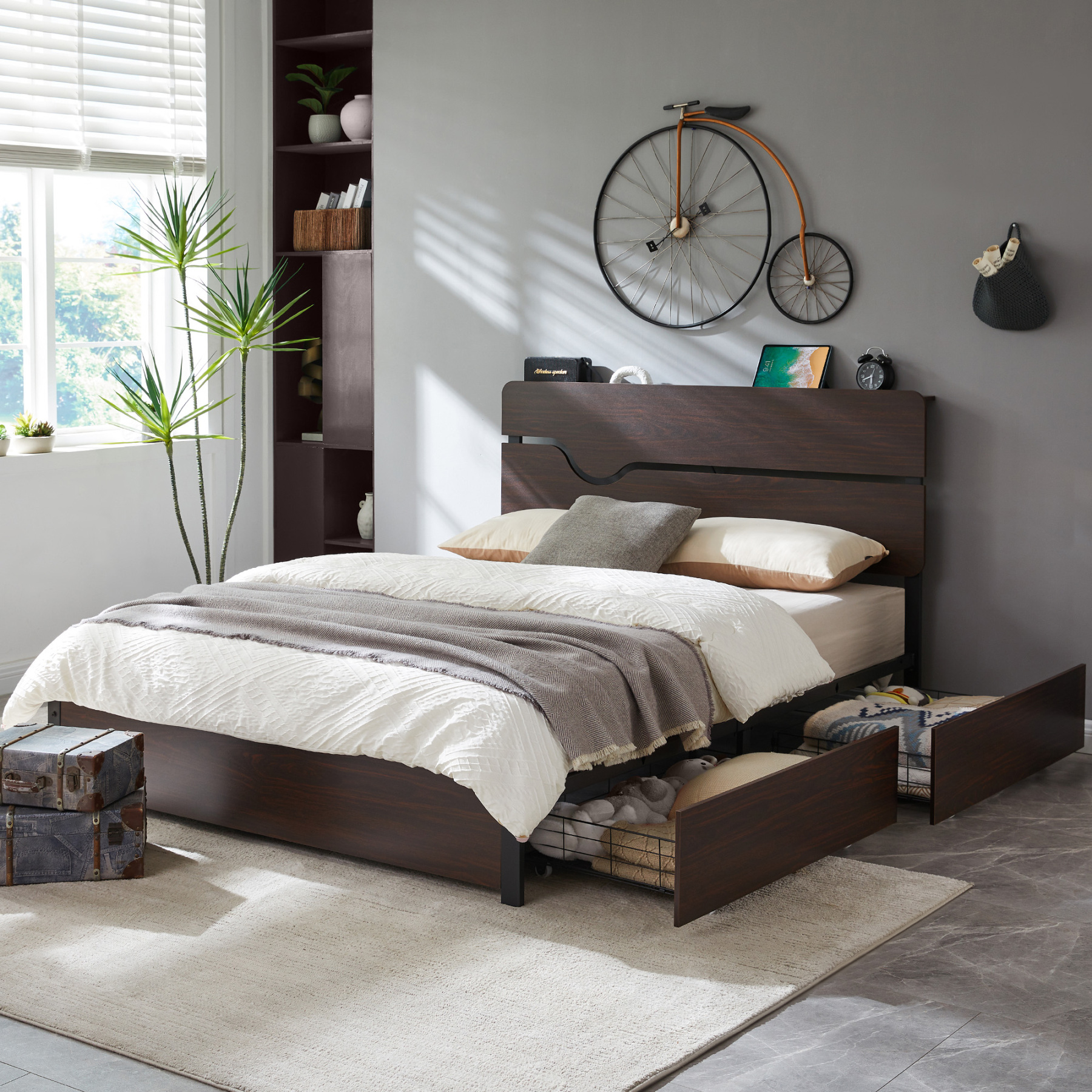  Full Size Bed Frame with Headboard, Platform Bed Frame with Charging Station, No Box Spring Needed, Easy Assembly, Heavy Duty Metal Slats, Walnut Color