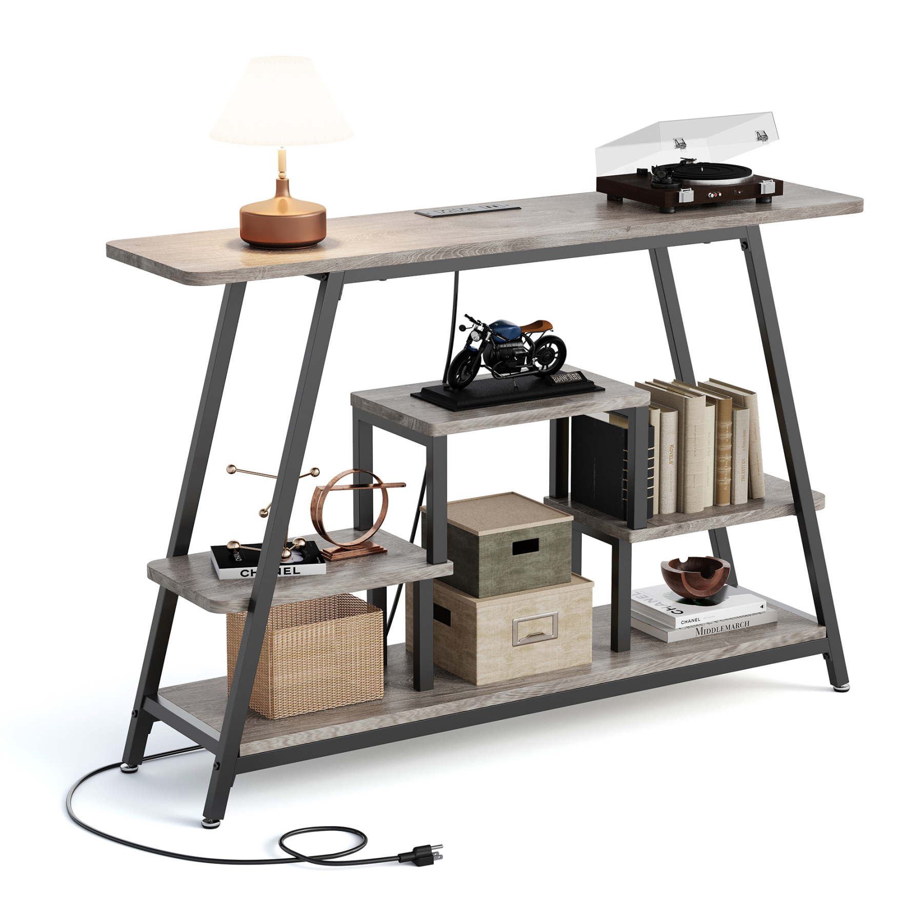 47.3" Console Table for Entry Way, Buffet Table Entryway Table with 4-Tier Open Shelves & Charging Station, Narrow Long Sofa Couch Table for Hallway, Living Room & Kitchen