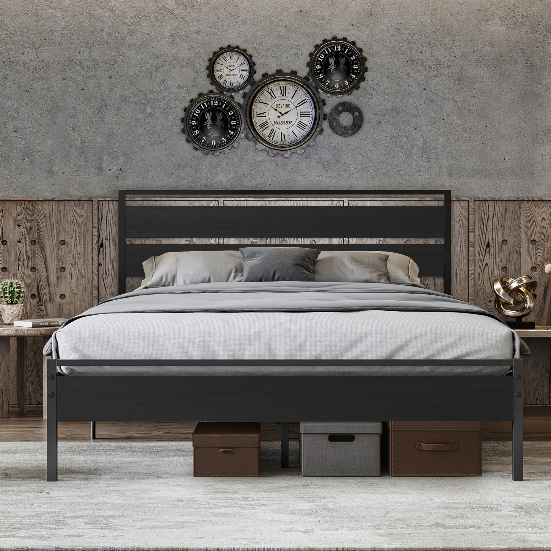 Sailvan Queen Bed Frame with Headboard, Platform Bed with Metal Slat Support, No Box Spring Needed, Dark Gray
