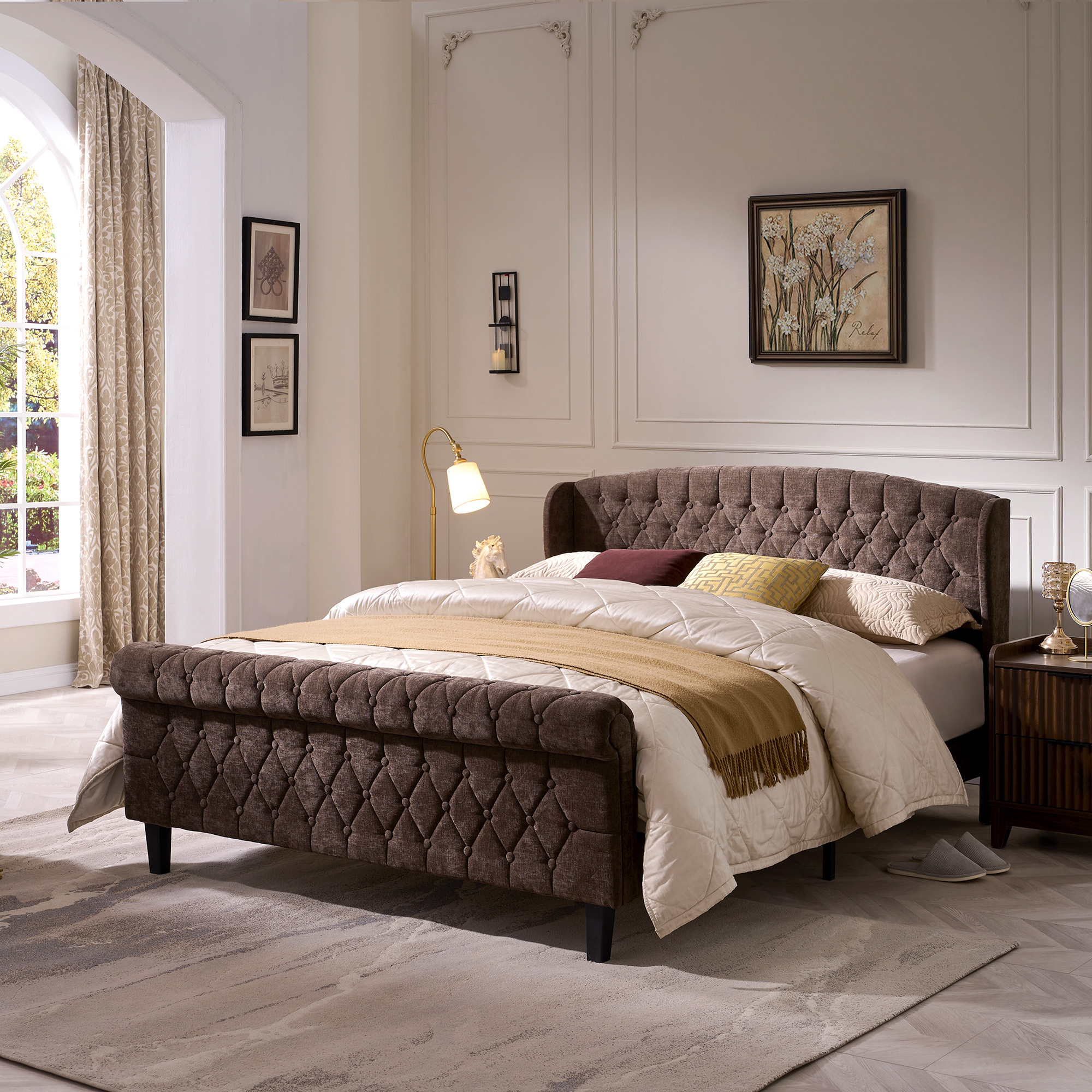 Susalt Queen Size Platform Bed Frame, Chenille Upholstered Sleigh Bed Frame with Scroll Footboard, Button Tufted/Wood Slats Support/No Box Spring Needed