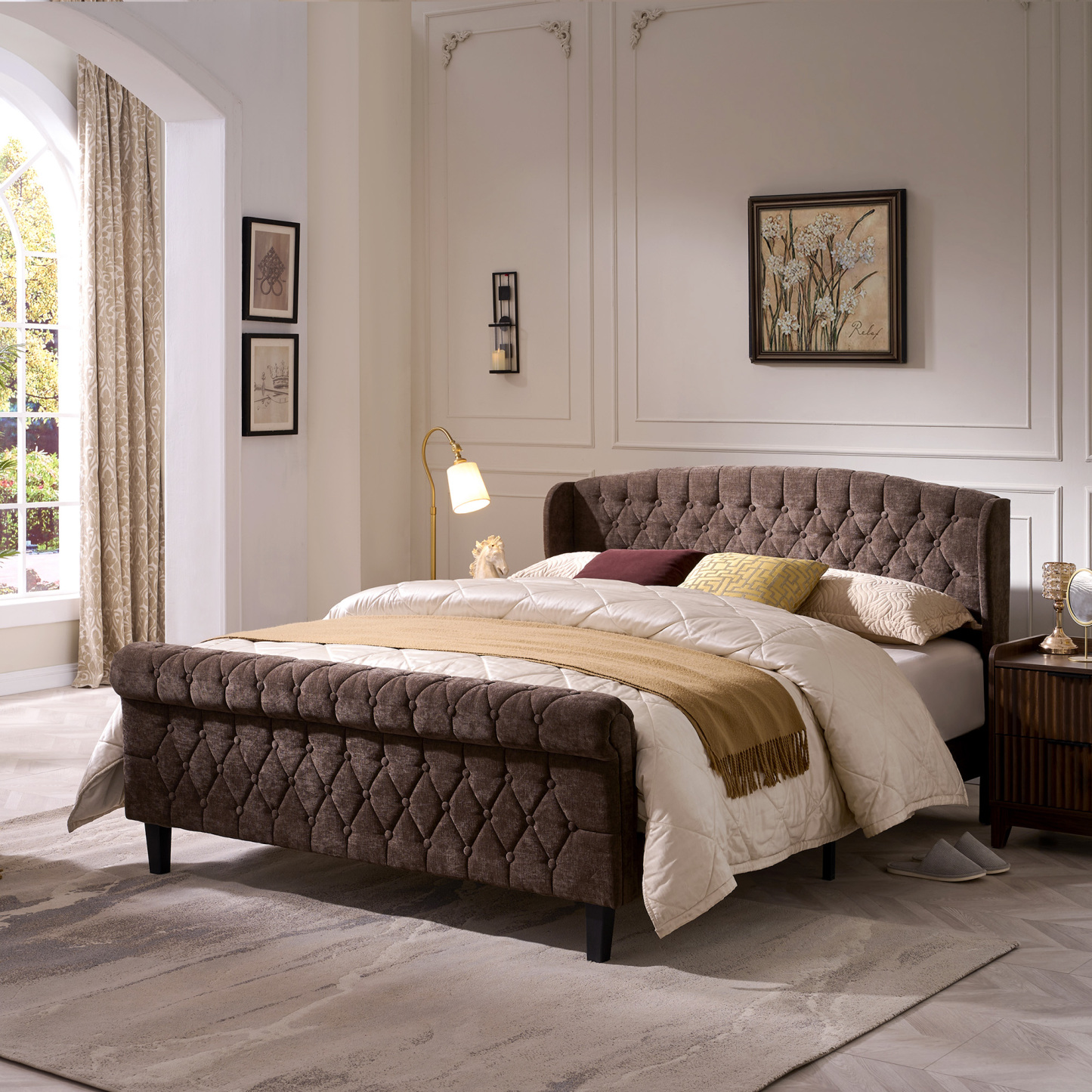Susalt Queen Size Platform Bed Frame, Chenille Upholstered Sleigh Bed Frame with Scroll Footboard, Button Tufted/Wood Slats Support/No Box Spring Needed