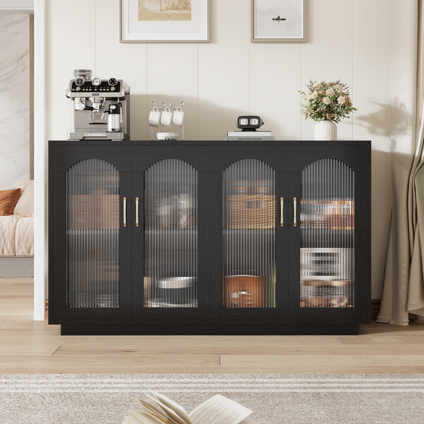 Sailvan Sideboard Buffet Cabinet with Storage, 55.1" Table with 4 Fluted Glass Doors, Built-in Removable Shelf, Kitchen Coffee Bar Table for Dining Room, Living Room,