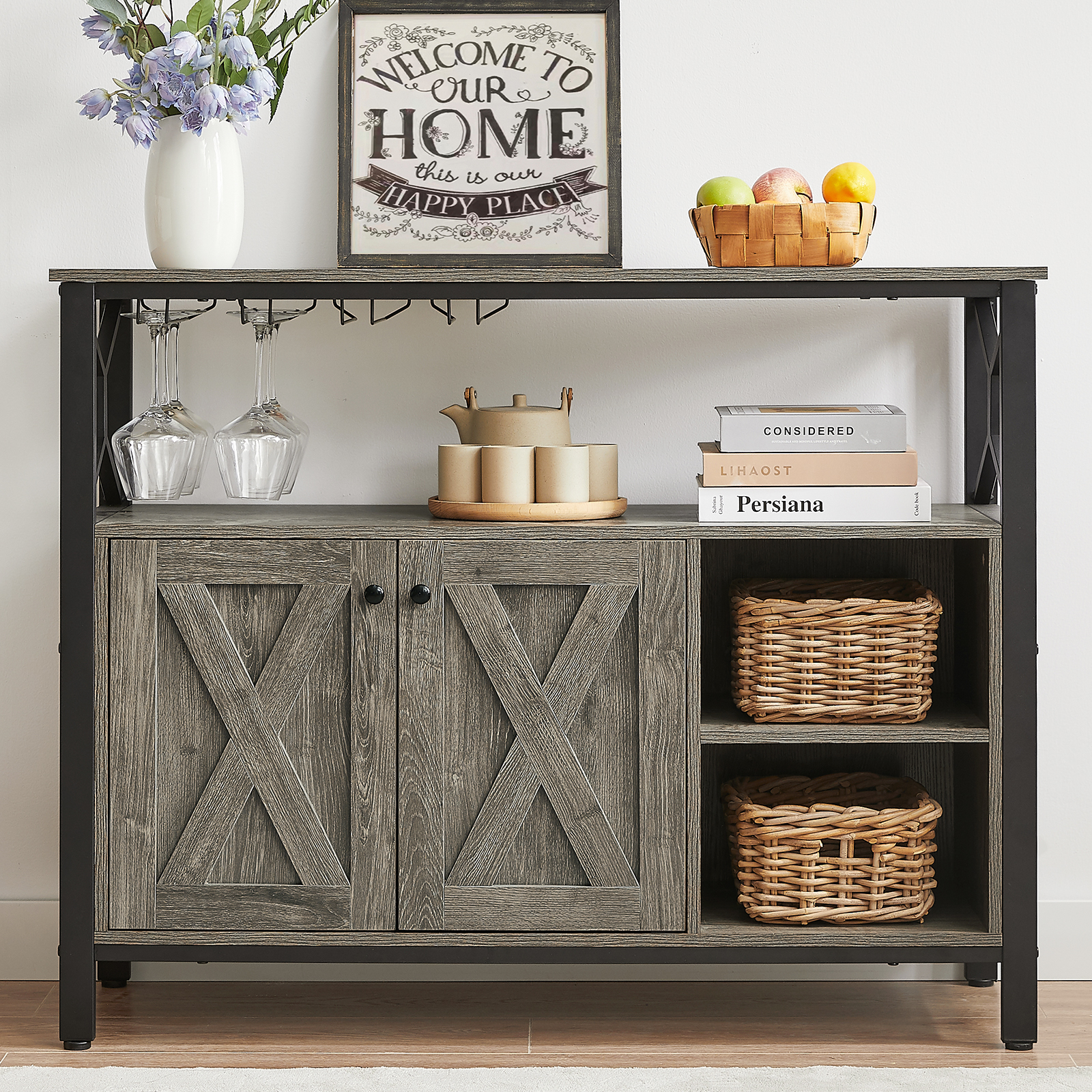 Sailvan 45.3" Buffet Cabinet with Storage, wooden Farmhouse Sideboard Cabinet with 2 Doors & Adjustable Shelf, Accent Cabinet with Wine Glass Rack for Kitchen, Bar, Dining Room, Gray