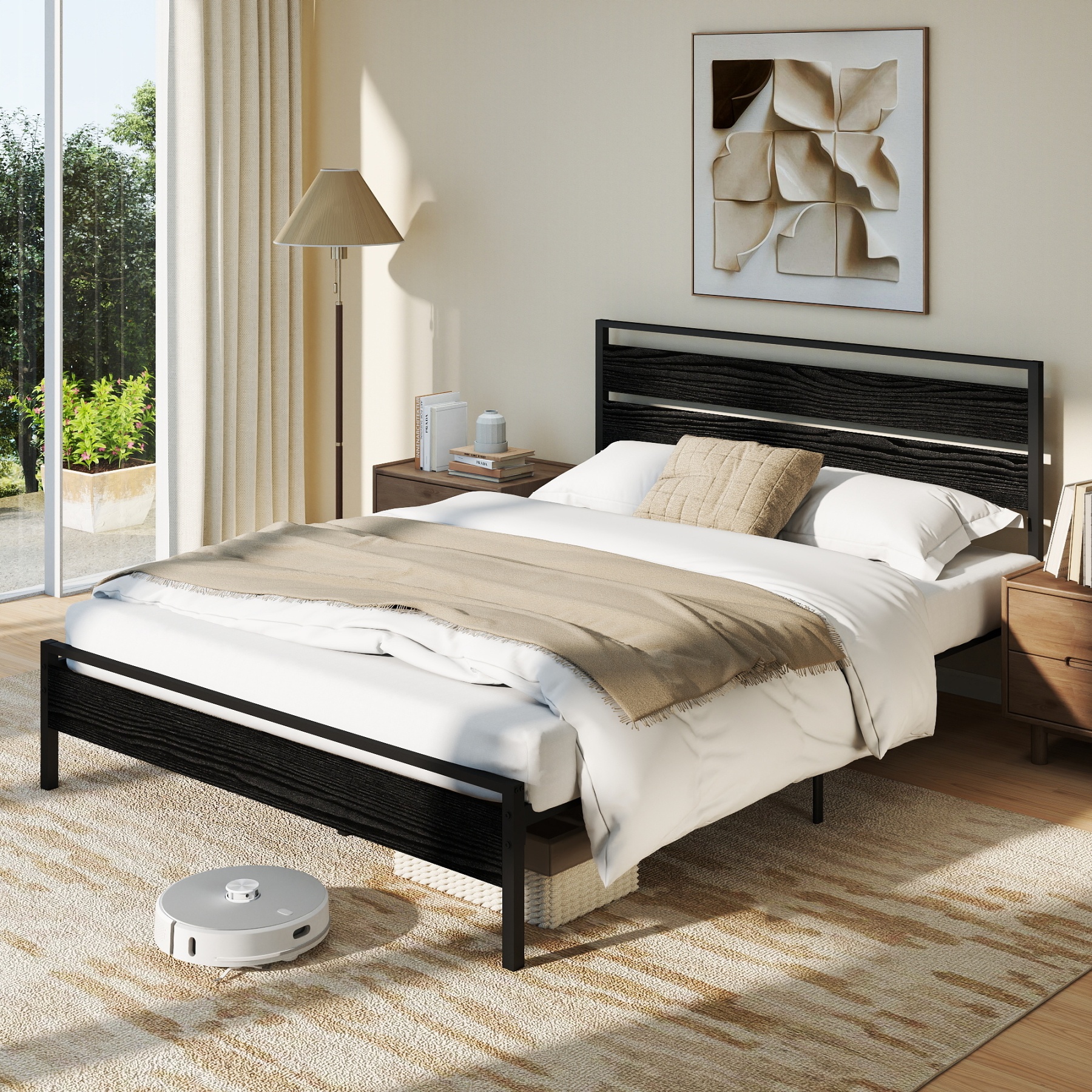 Sailvan Queen Bed Frame with Headboard, Platform Bed with Metal Slat Support, No Box Spring Needed, Dark Gray