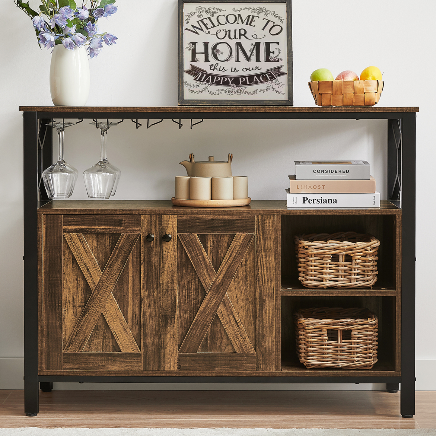 Sailvan 45.3" Buffet Cabinet with Storage, wooden Farmhouse Sideboard Cabinet with 2 Doors & Adjustable Shelf, Accent Cabinet with Wine Glass Rack for Kitchen, Bar, Dining Room, Gray